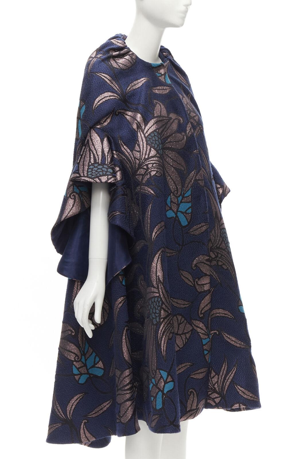 Women's DELPOZO navy bluemetallic floral jacquard ruffled oversized cape coat FR34 XS