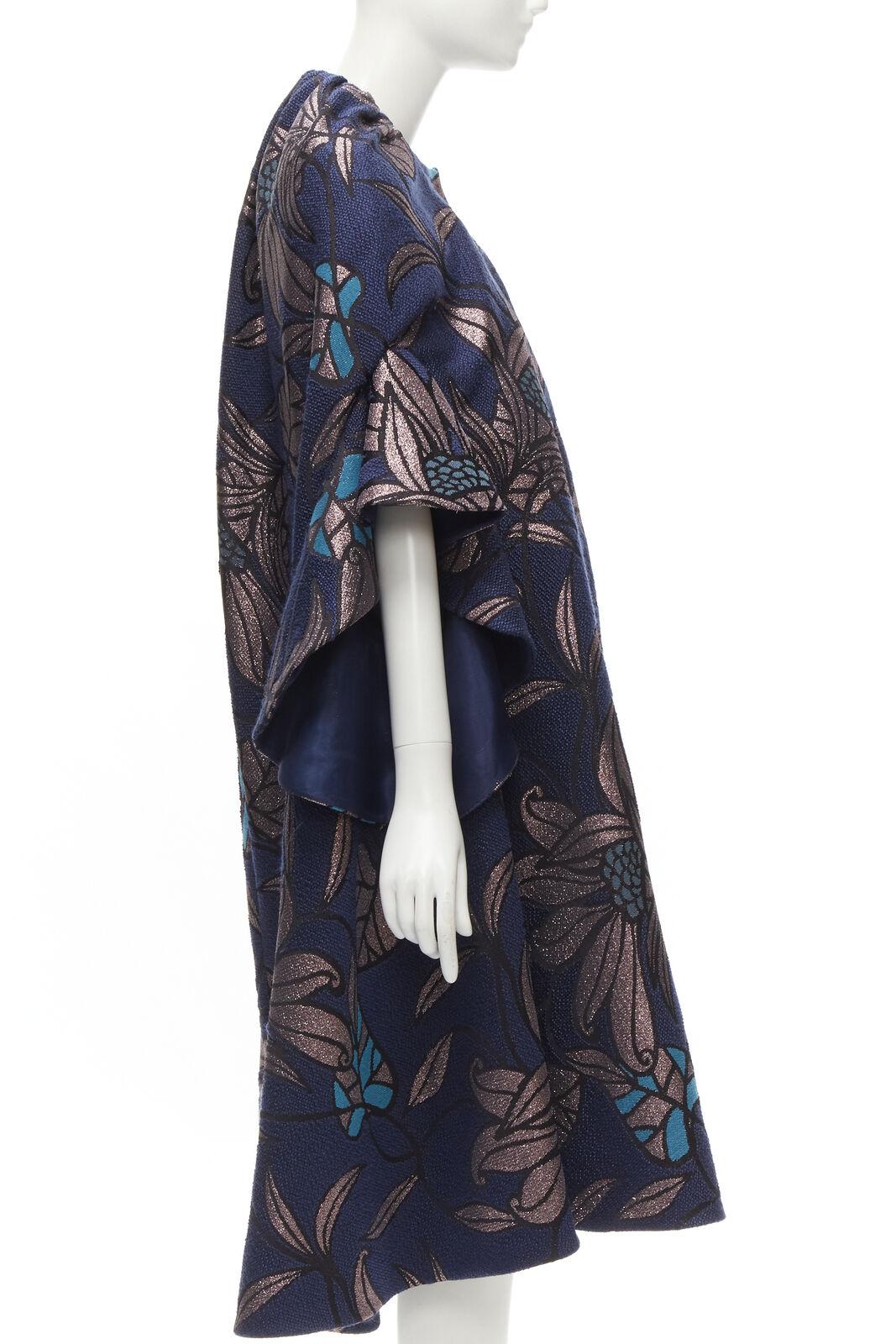 DELPOZO navy bluemetallic floral jacquard ruffled oversized cape coat FR34 XS 1