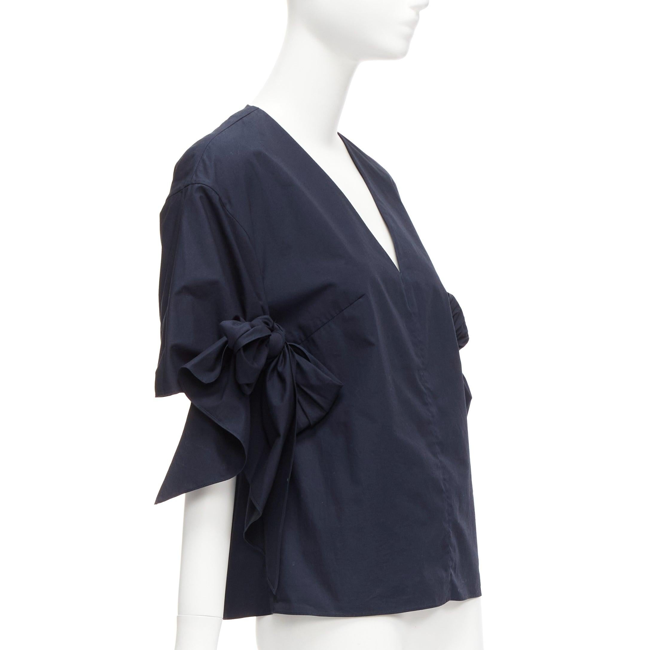 Black DELPOZO navy cotton knot tie sleeves V neck relaxed top FR36A S For Sale