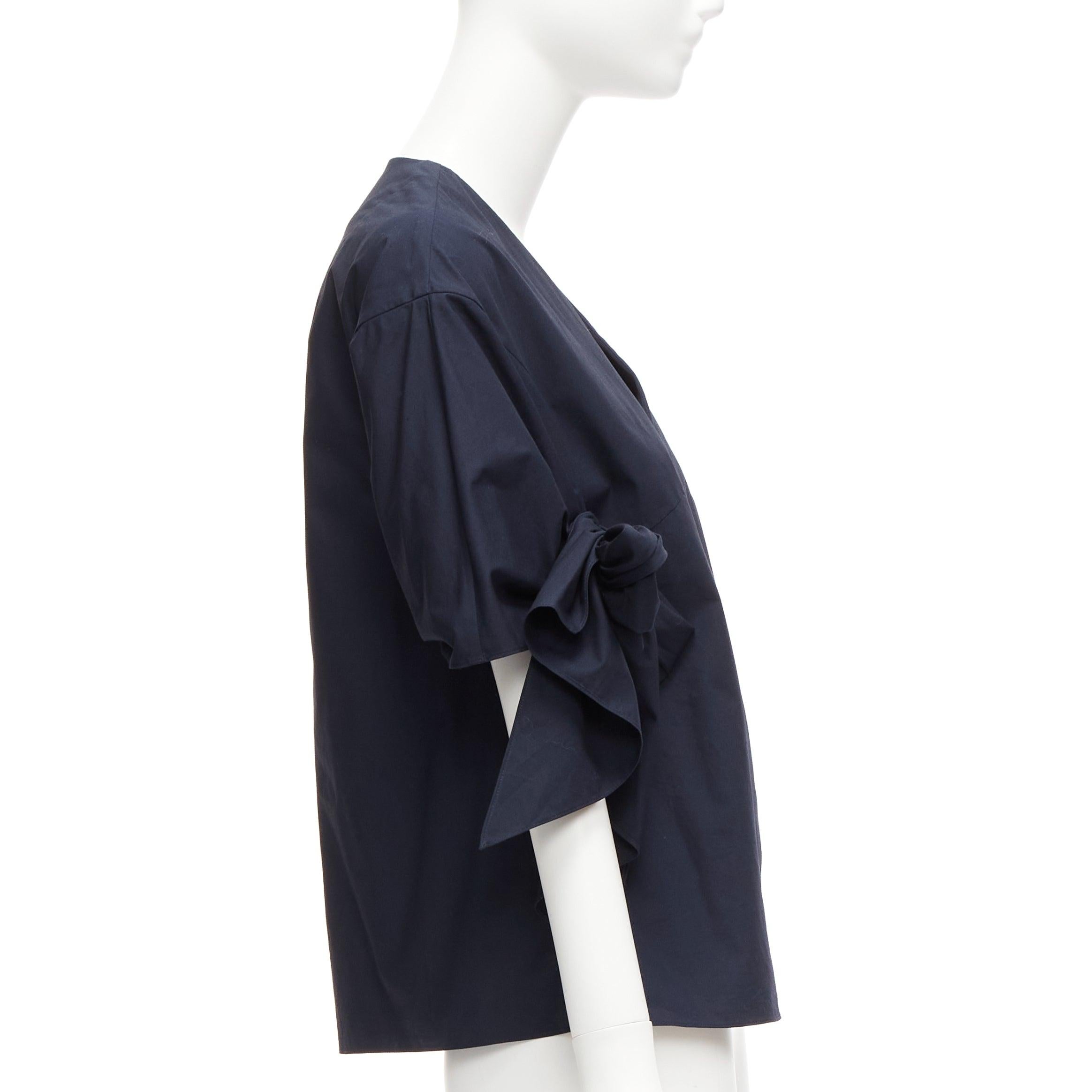 Women's DELPOZO navy cotton knot tie sleeves V neck relaxed top FR36A S For Sale