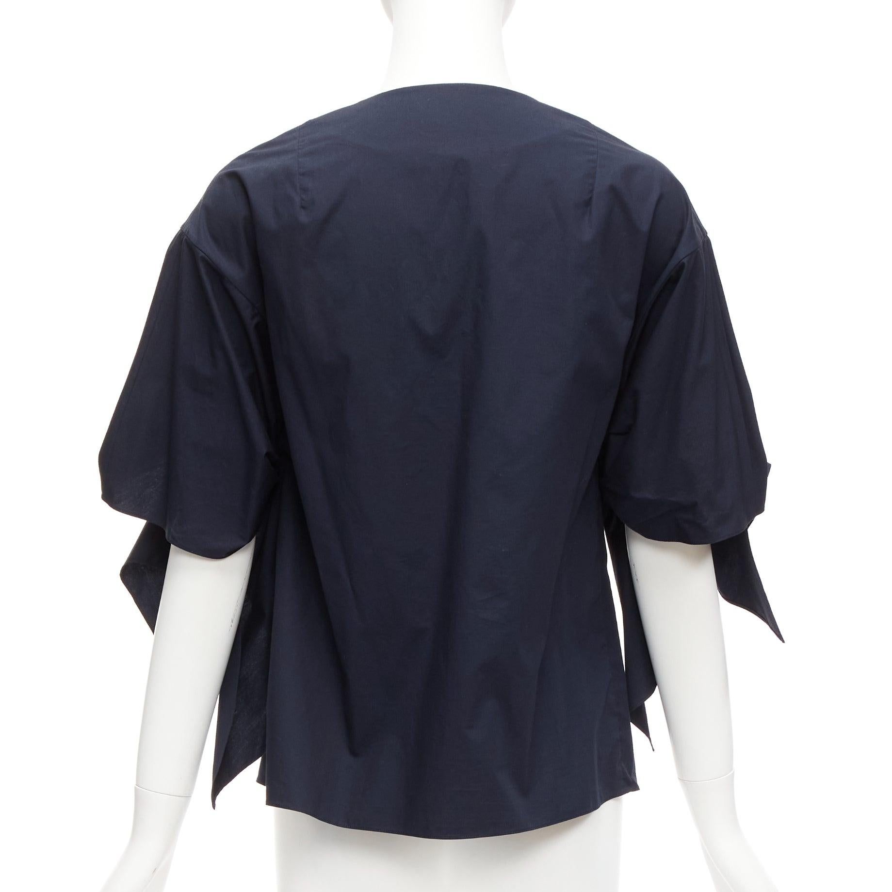 Women's DELPOZO navy cotton knot tie sleeves V neck relaxed top FR36A S For Sale