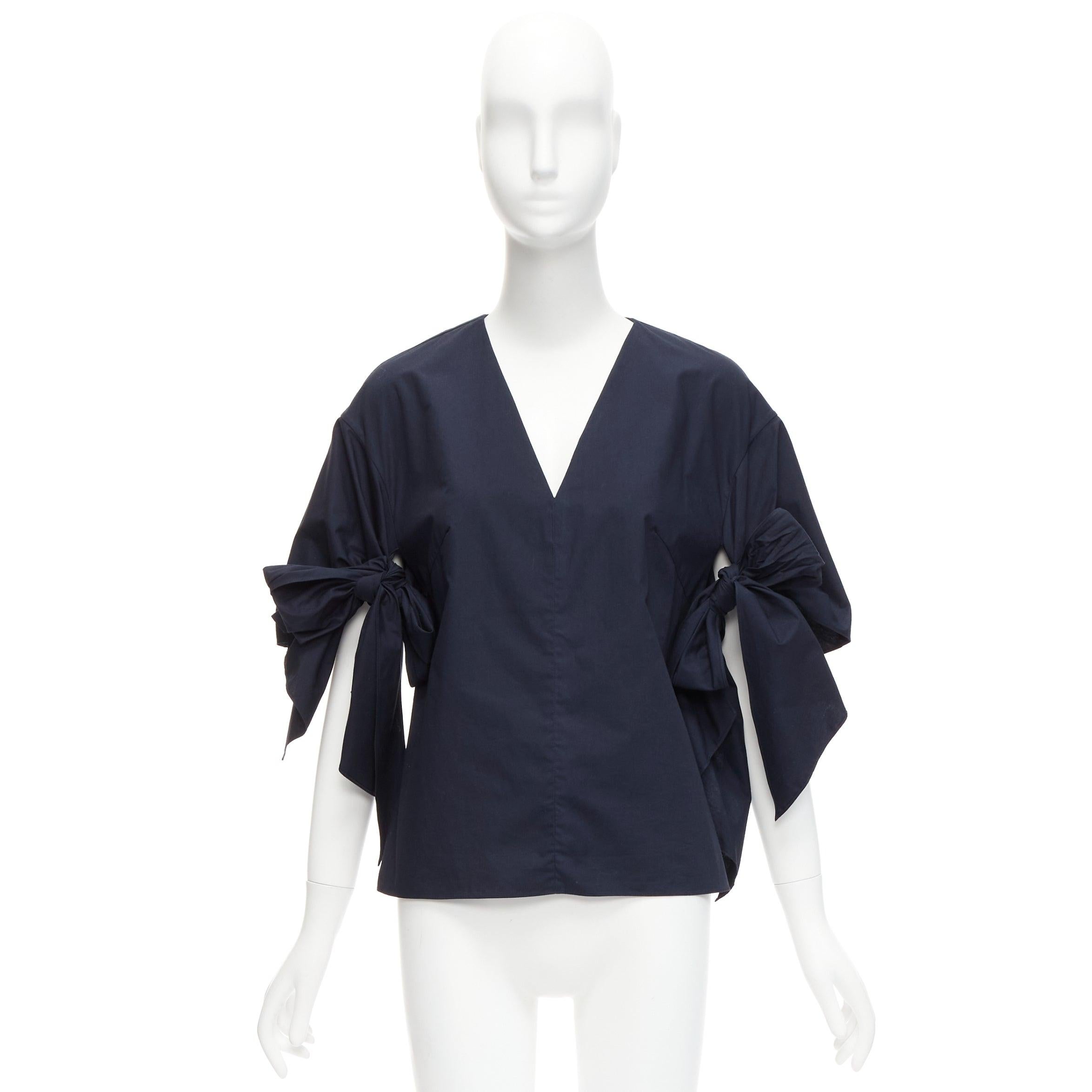 DELPOZO navy cotton knot tie sleeves V neck relaxed top FR36A S For Sale 5