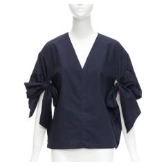 DELPOZO navy cotton knot tie sleeves V neck relaxed top FR36A S