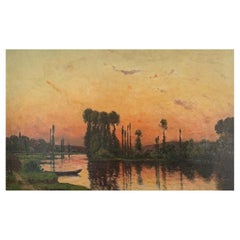 Antique Delpy Hippolyte Camille "Edge of river at sunset" Panel