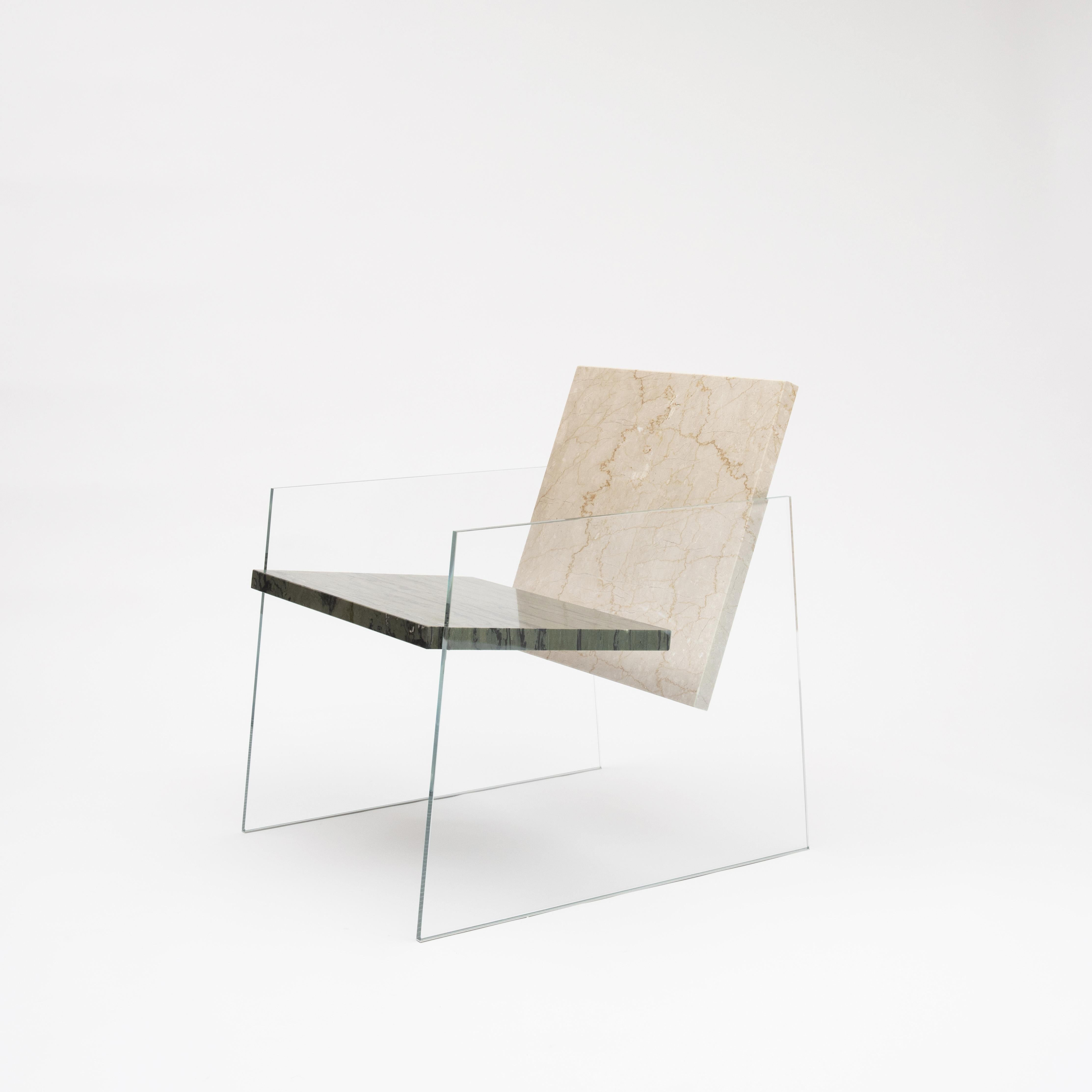 Delta A armchair by Frederic Saulou
Limited Edition of 4
Materials: White glass, inox, green Bambou marble from Brésil, Beige Botticino marble from Italy.
Dimensions: D 57 x W 70.5 x H 73.6 cm
Signed and numbered.

