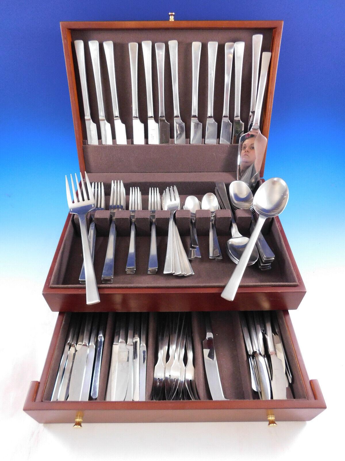 Delta by Christofle Acier France stainless steel flatware set with beautiful simple, modern design - 112 pieces. This set includes:

12 dinner size knives, 9 3/8