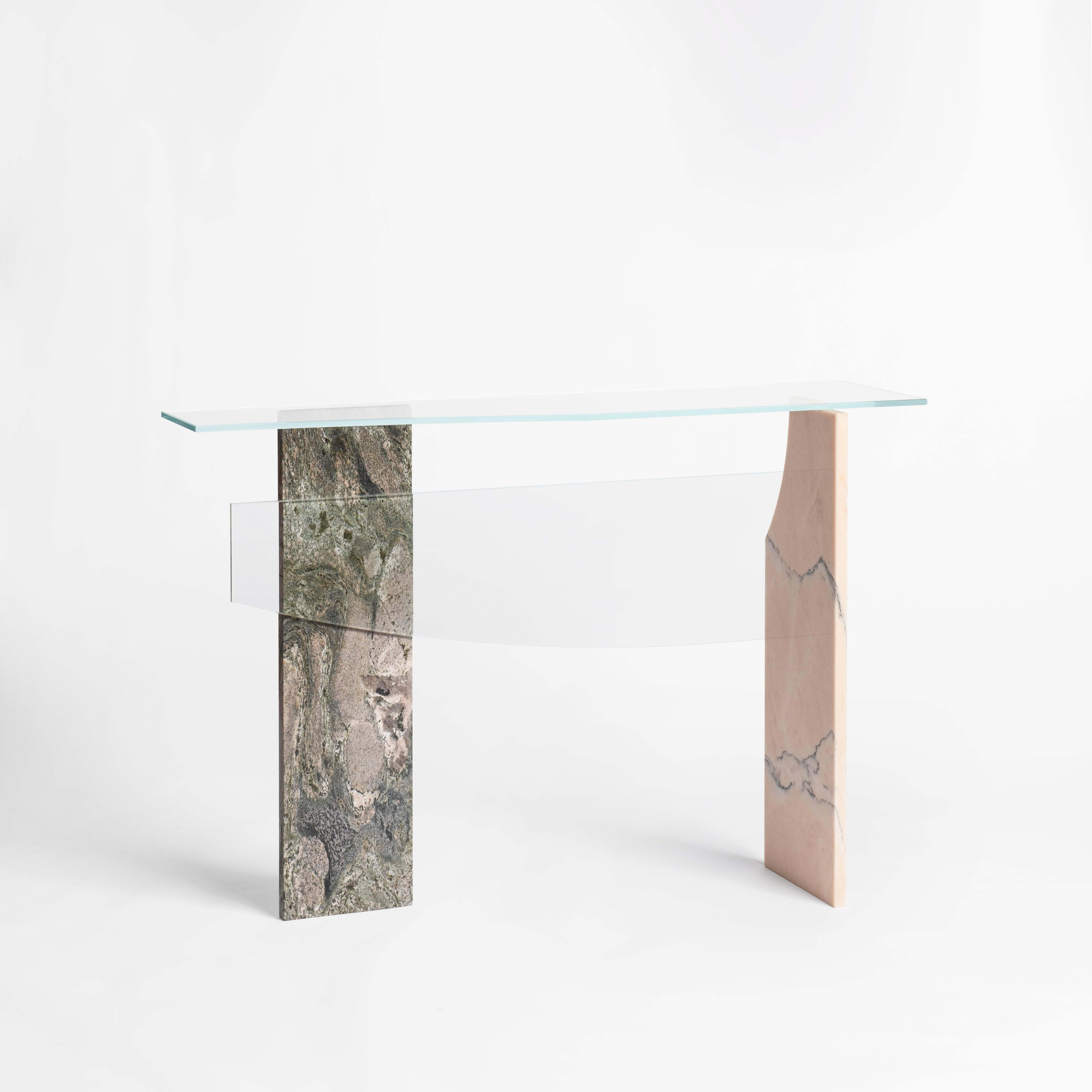 Delta C Console by Frederic Saulou.
Limited Edition of 4.
Materials: White glass, green marble from Italy, Yellow Valencia marble from Spain.
Dimensions: D 39 x W 140 x H 95 cm.
Signed and numbered.


