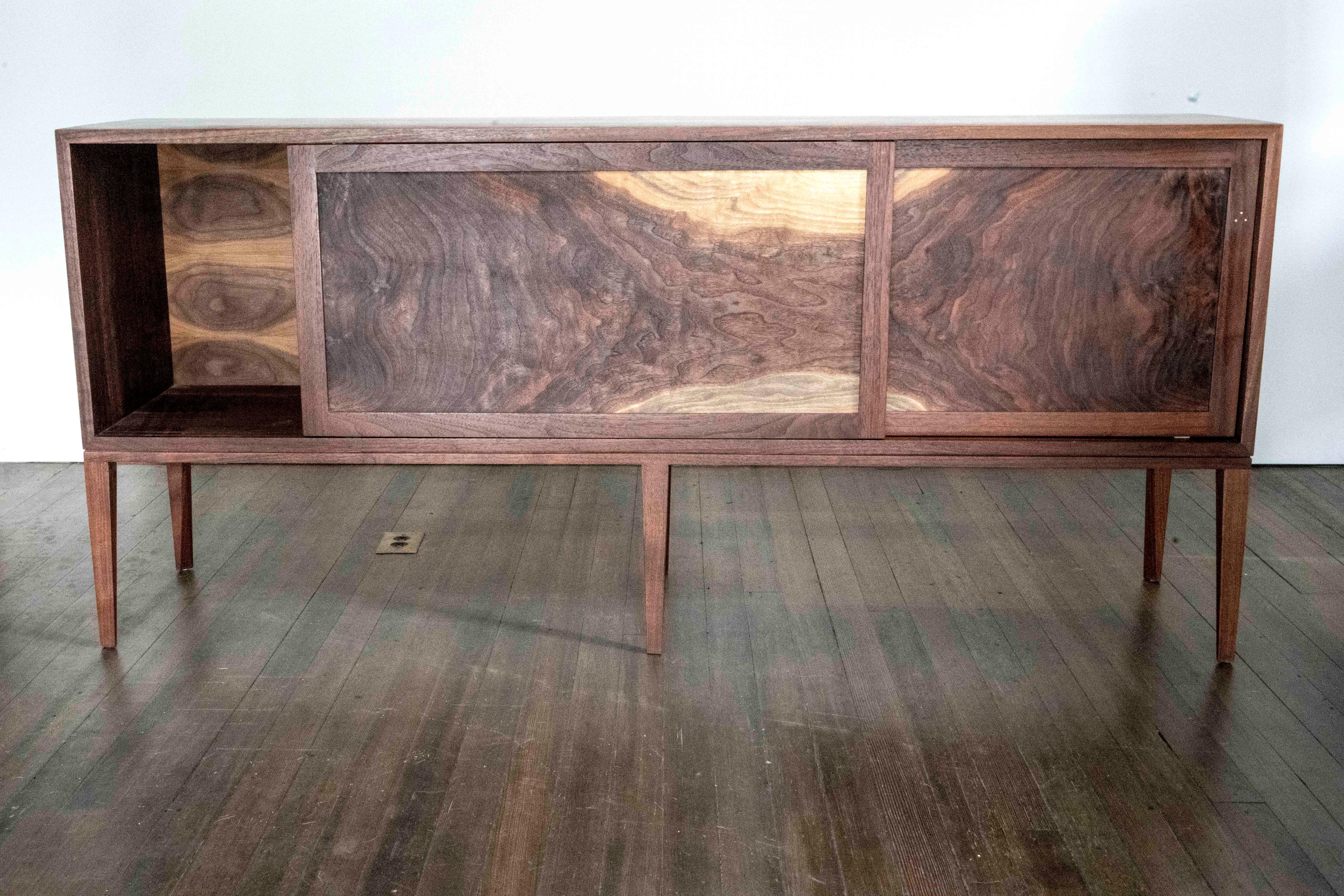American Delta Cabinet in Walnut and Copper with Sliding Doors and Tapering Faceted Legs