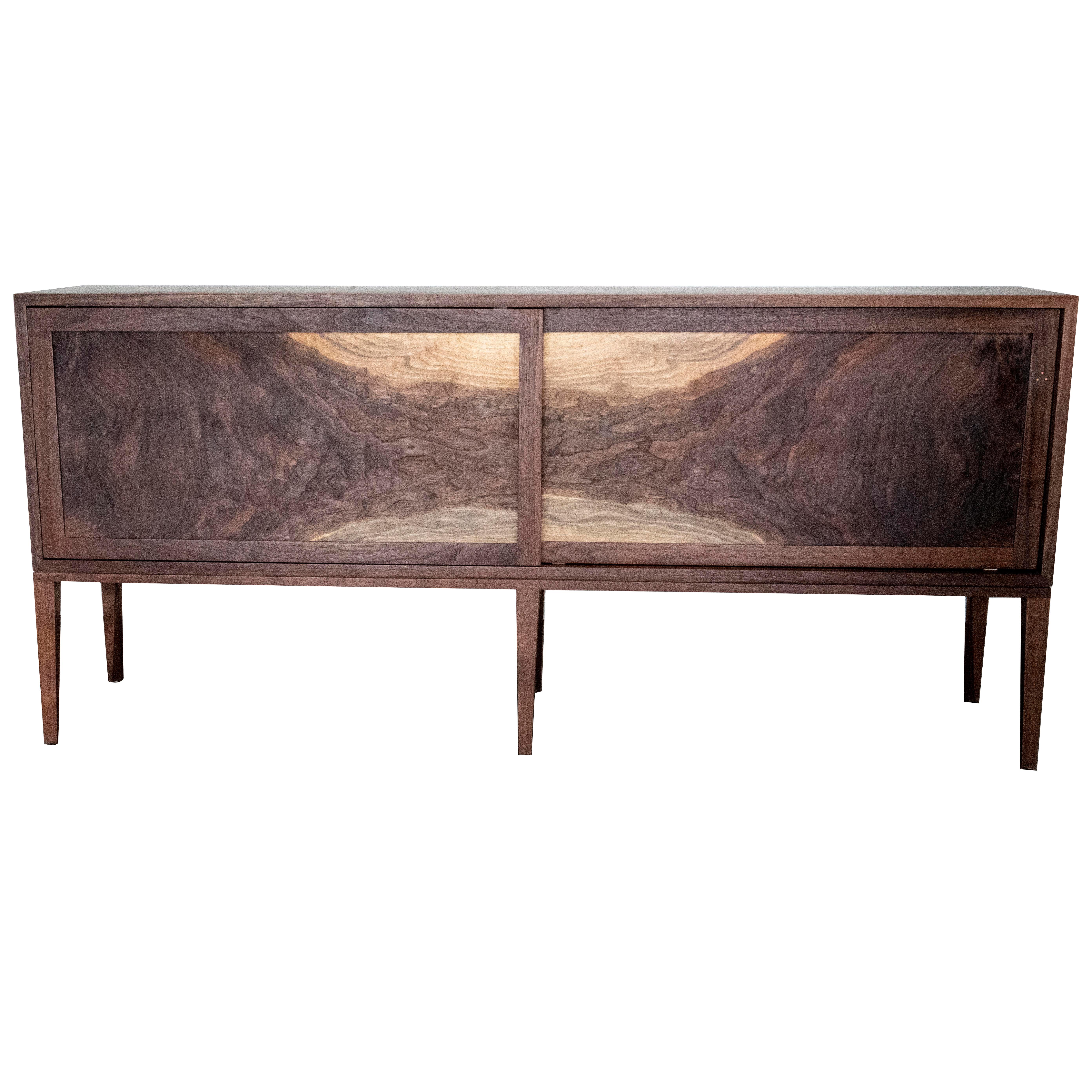 Delta Cabinet in Walnut and Copper with Sliding Doors and Tapering Faceted Legs