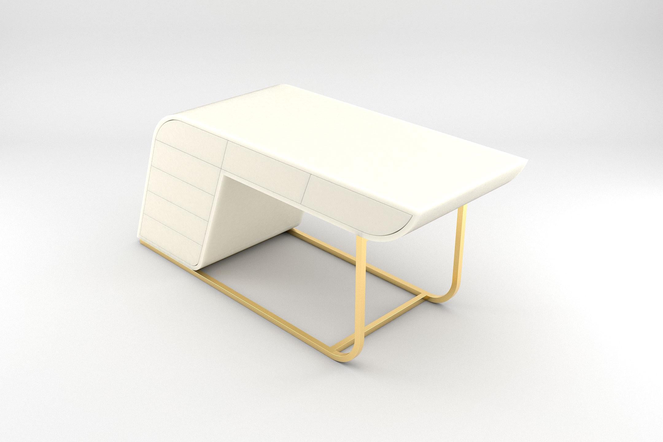 Delta Desktop - Modern Desktop in Polished White Lacquer with Brass Details In New Condition For Sale In London, GB