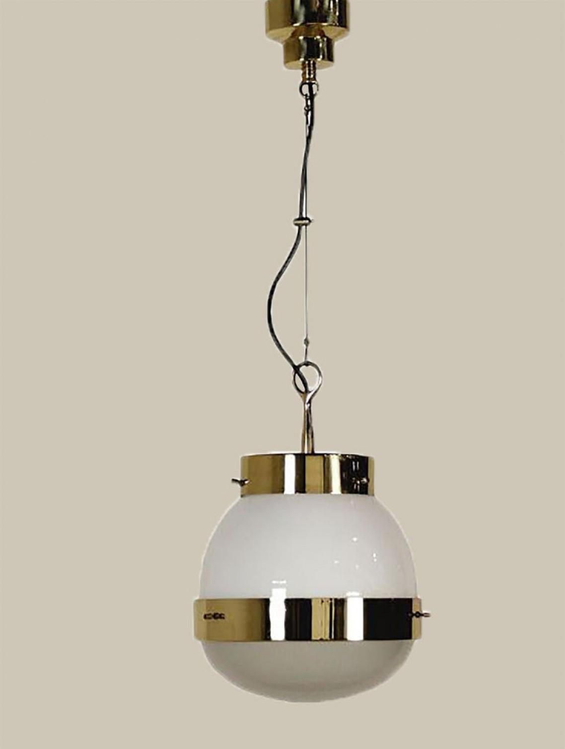 Mid-20th Century Delta Grande Pendant Light Glass Brass by Sergio Mazza for Artemide, 1960s, Pair For Sale