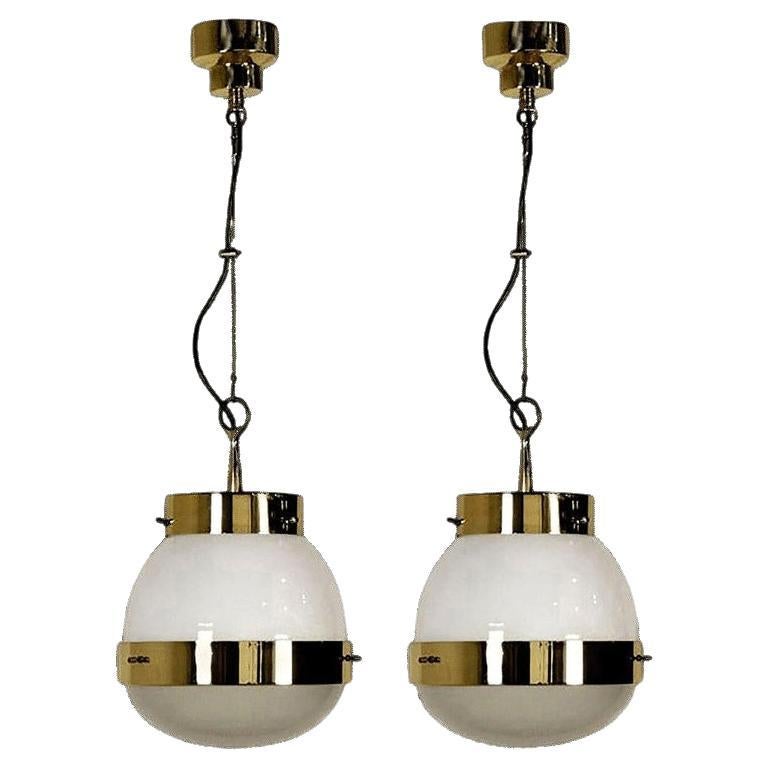 Delta Grande Pendant Light Glass Brass by Sergio Mazza for Artemide, 1960s, Pair