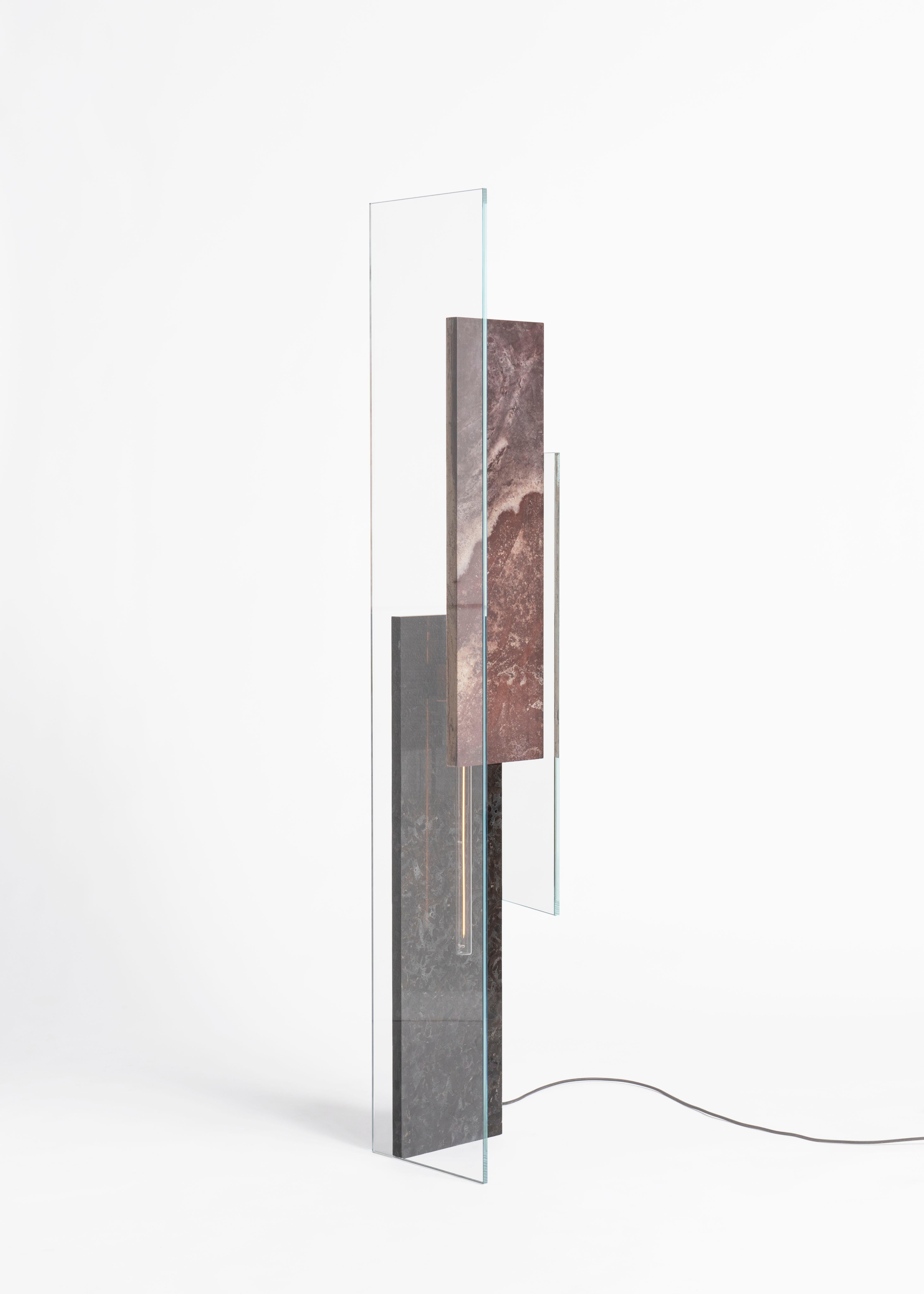 Delta L floor lamp by Frederic Saulou
Limited Edition of 5
Materials: White glass, Green pink granit from Brazil, pink marble from Portugal.
Dimensions: D 30 x W 28 x H 175 cm
Signed and numbered.

