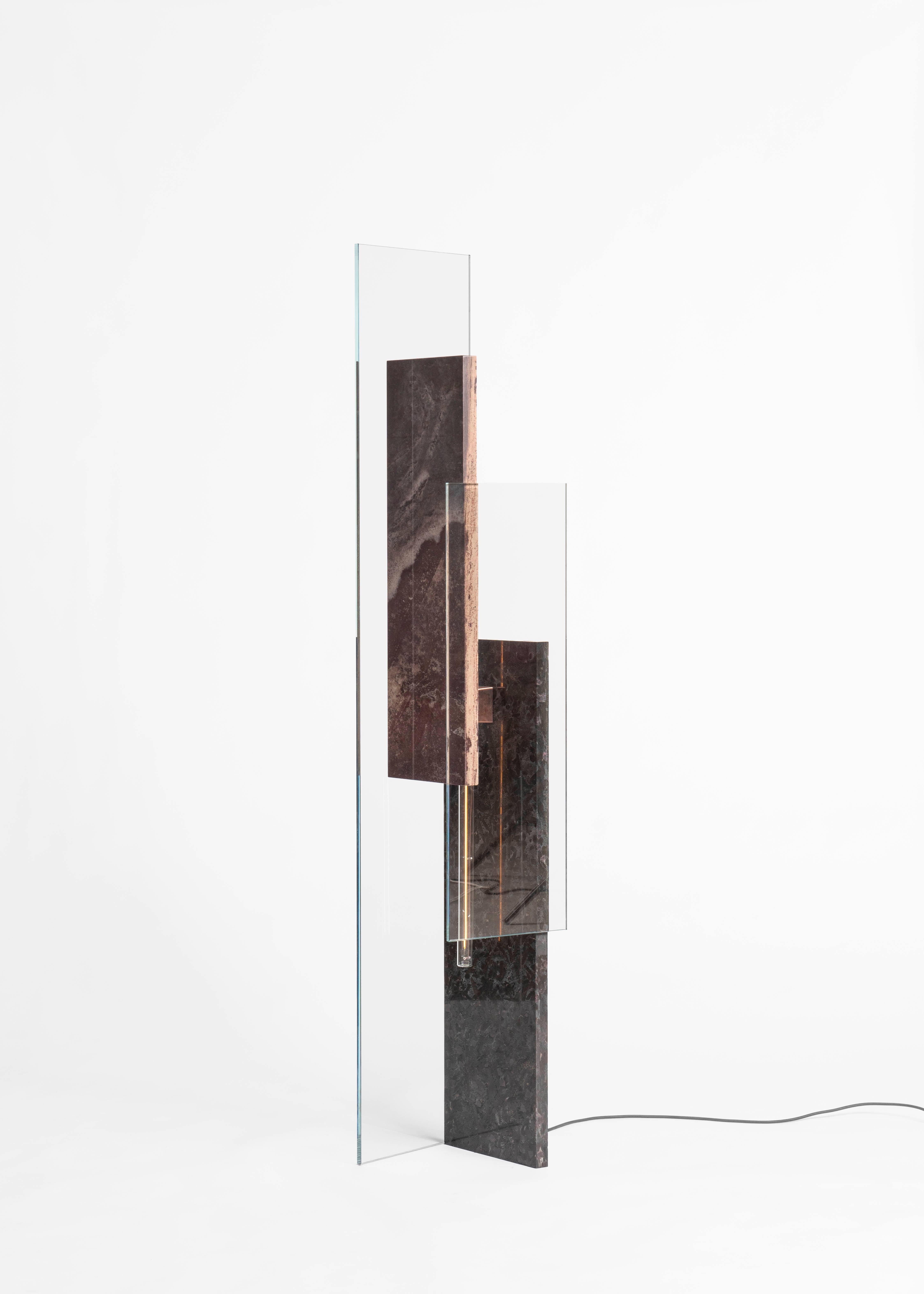 Overlapping Rectangular Green and Pink Marble Floor Lamp by Frederic Saulou In New Condition For Sale In Geneve, CH