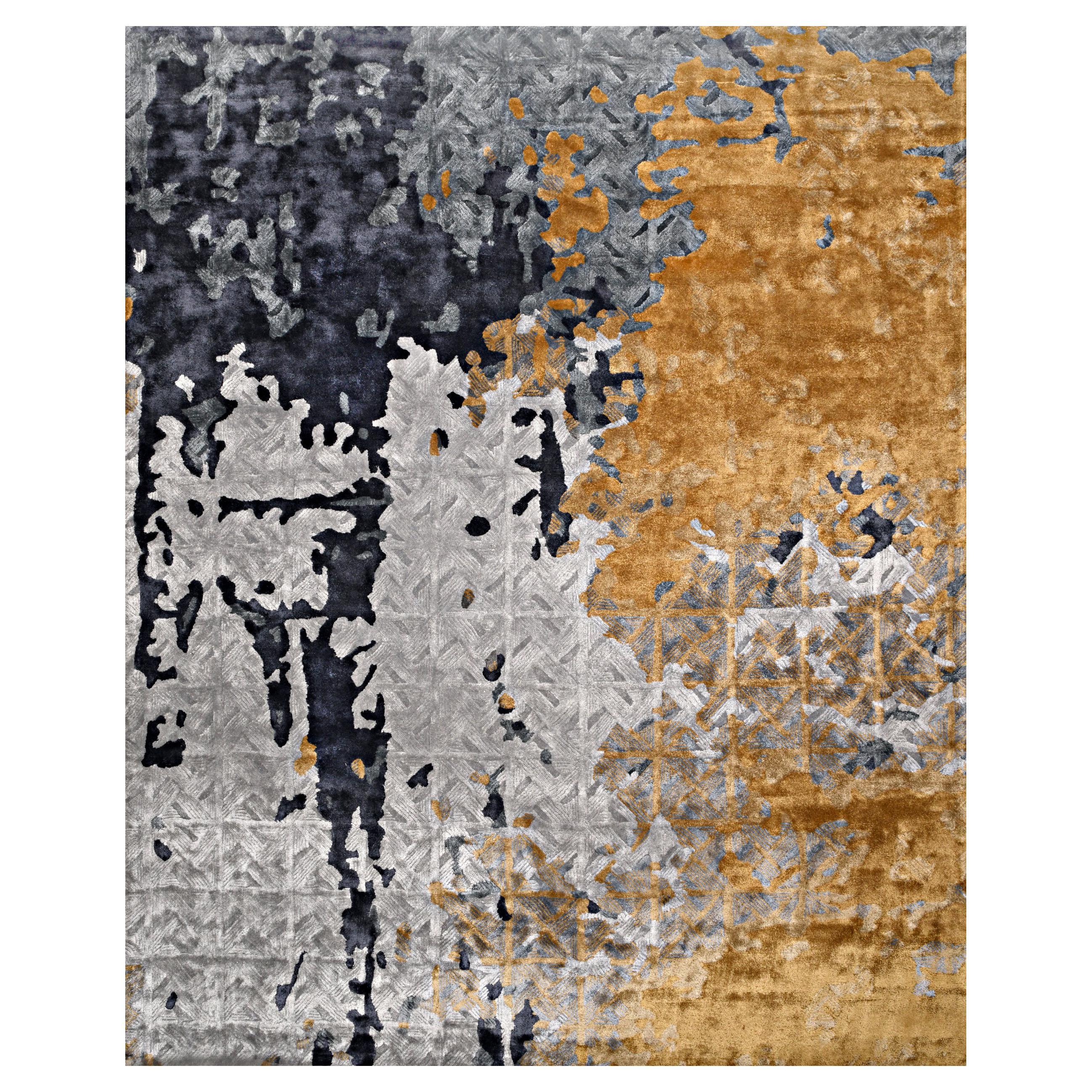 Tapis moderne DELTA touffeté à la main en soie aux couleurs or, rouille et taupe argenté par Hands en vente