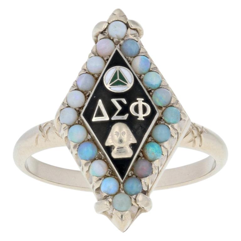 Delta Sigma Phi Ring, 14k White Gold Fraternity Sweetheart Opals