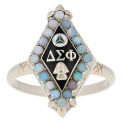 Vintage Delta Sigma Phi Ring, 14k White Gold Fraternity Sweetheart Opals