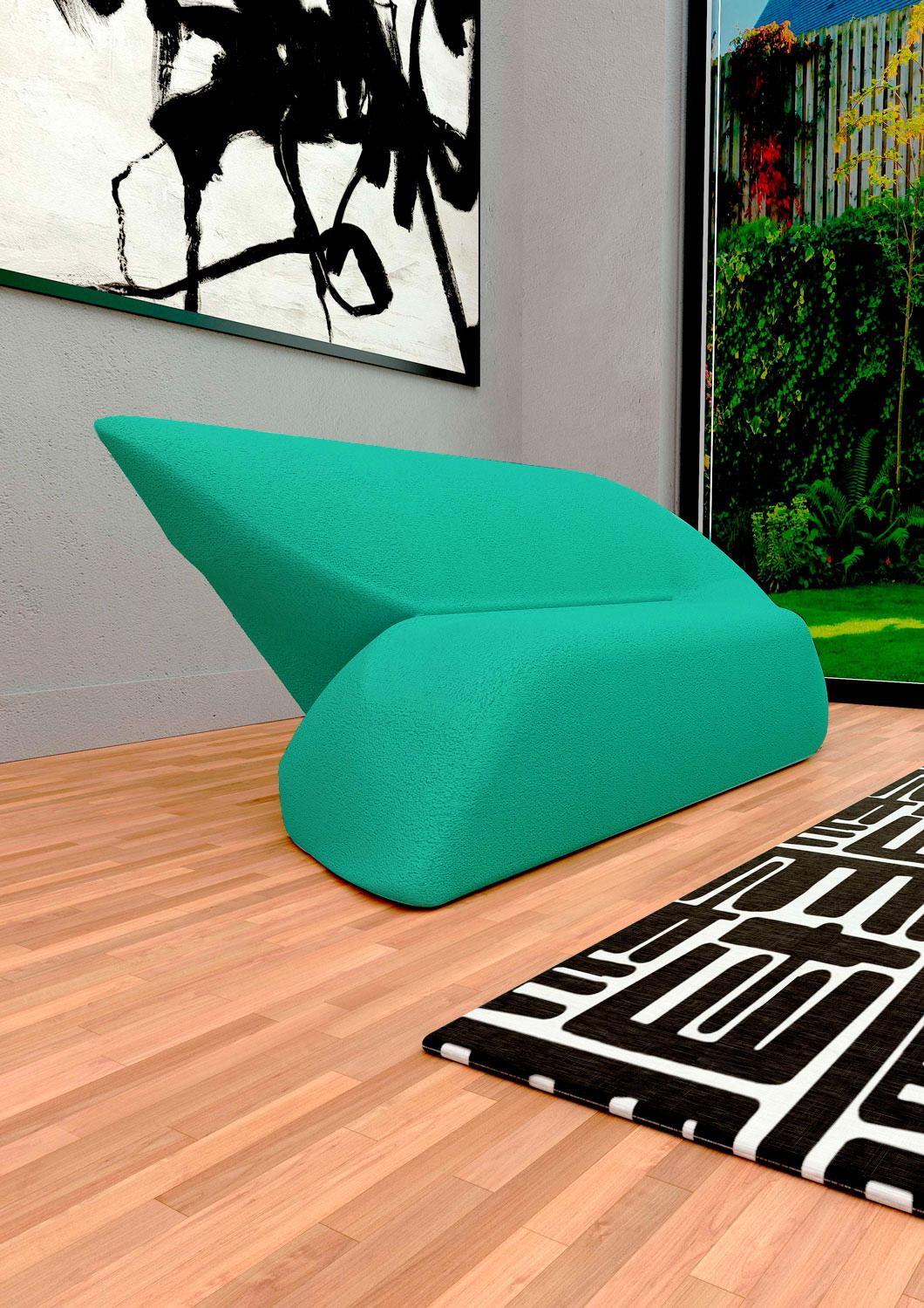 Delta Sofa - Modernes handgefertigtes türkisfarbenes gepolstertes zweisitziges Sofa mit zwei Sitzen (Handgefertigt) im Angebot