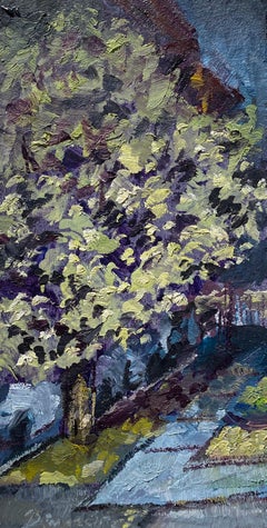 "Notturno del melo di granchio" (2025), pittura ad olio originale di paesaggio impressionista