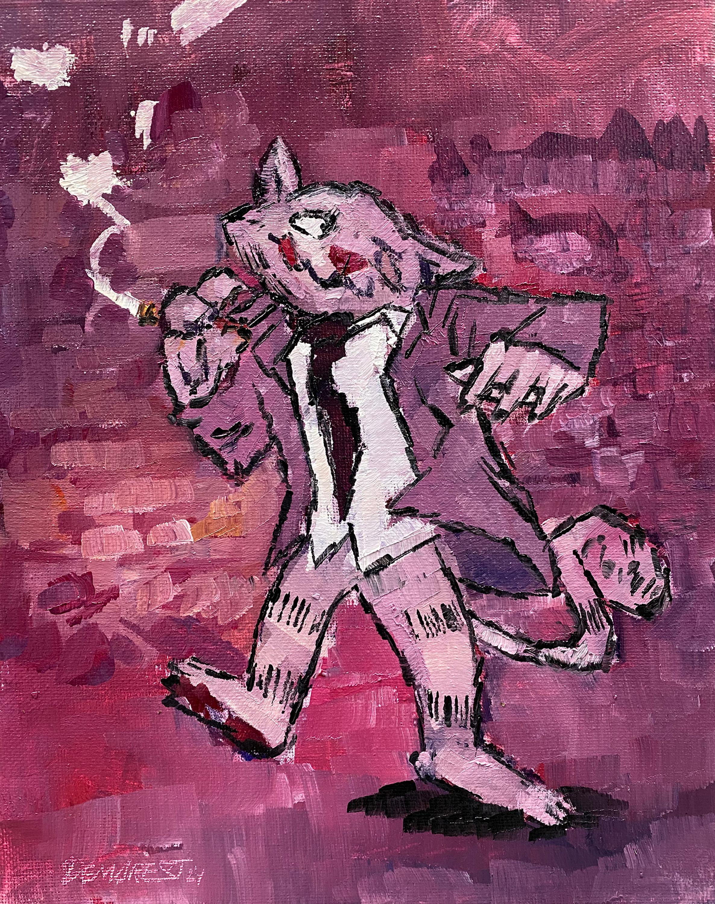 Delton Demarest's "Fritz the Cat Fix Full Size," completed in 2024, is an oil on canvas artwork measuring 10 x 8 x 0.50 inches, painted en plein air. This original painting features Fritz the Cat in an urban setting, rendered with rich textures and