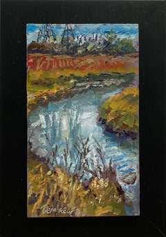 Highline Canal, Waterway Landscape Painting, Framed, 4.125 x 2.5 Inches