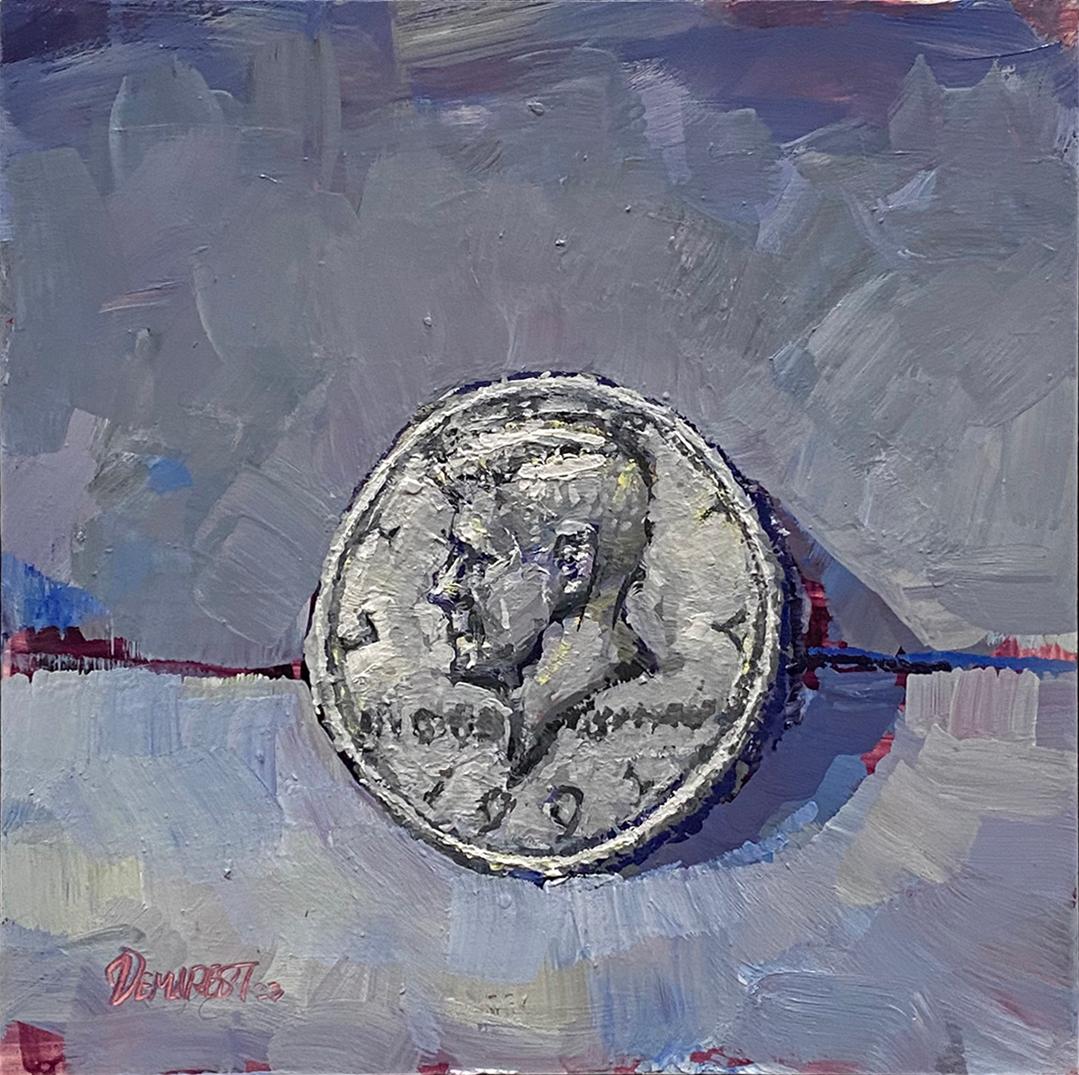 "Moneta da 50 centesimi Real Steele 2 JFK" (2023) di Delton Demarest, pittura ad olio originale