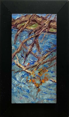 Sloan's Lake, Water Reflection Landscape Painting, Framed, 4.25x2.5