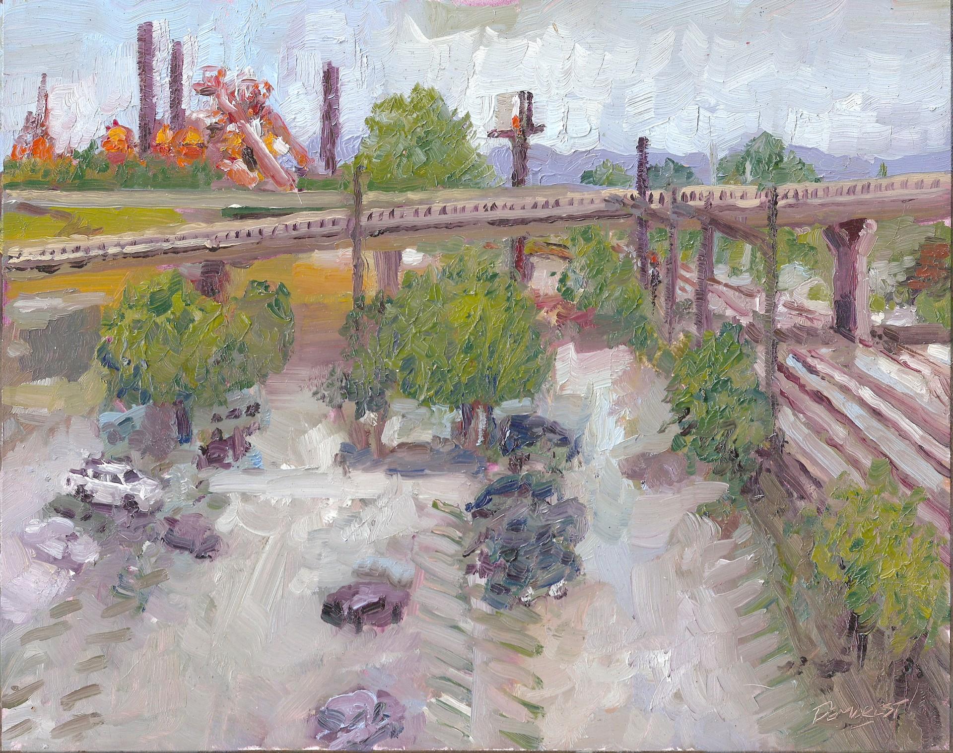 Delton Demarest Figurative Painting - Trackside on 24th overlooking Sloss and #280