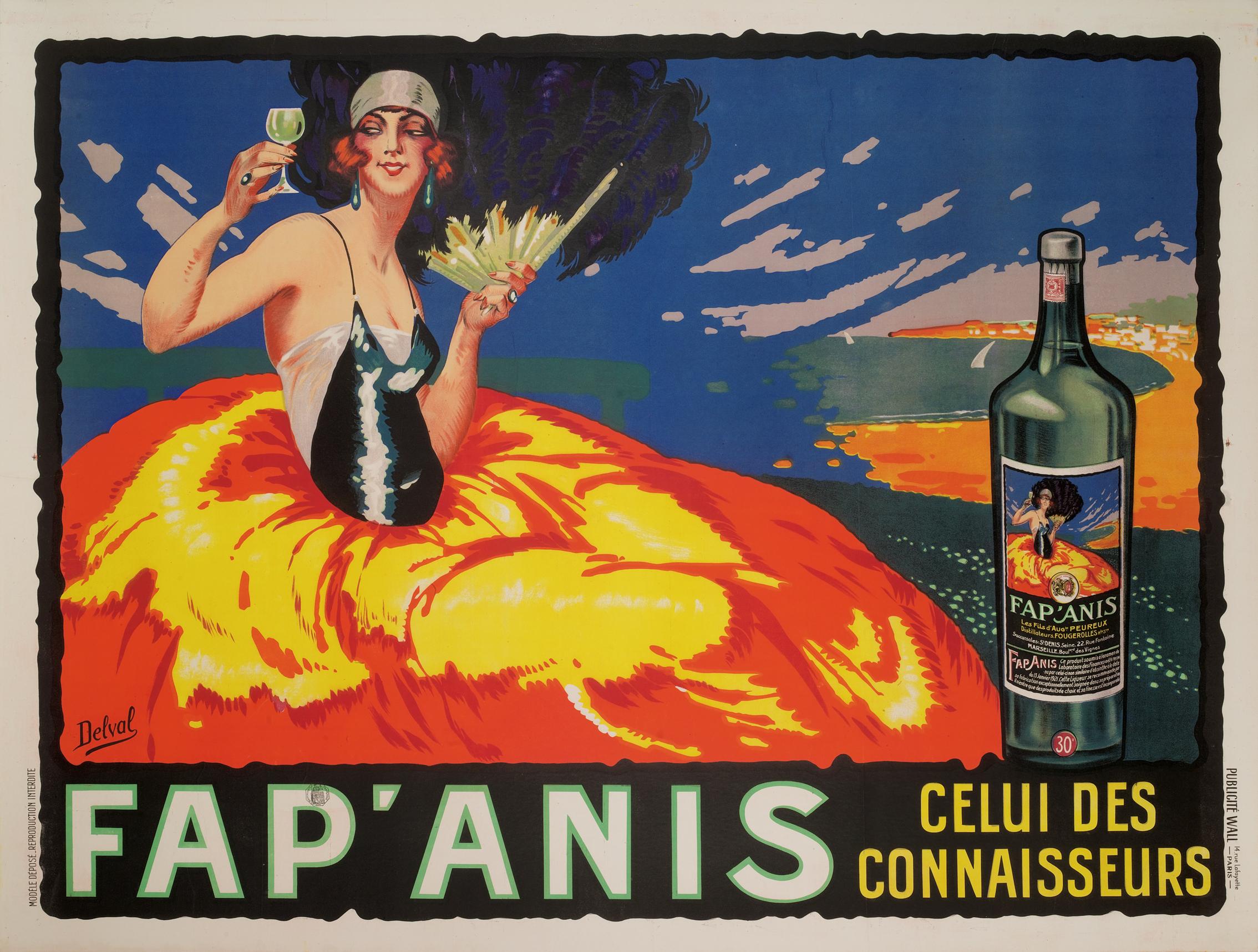 Français Affiche vintage d'origine de Delval, Fap Anis, Pastis, Gaby Deslys, Alcohol, 1925