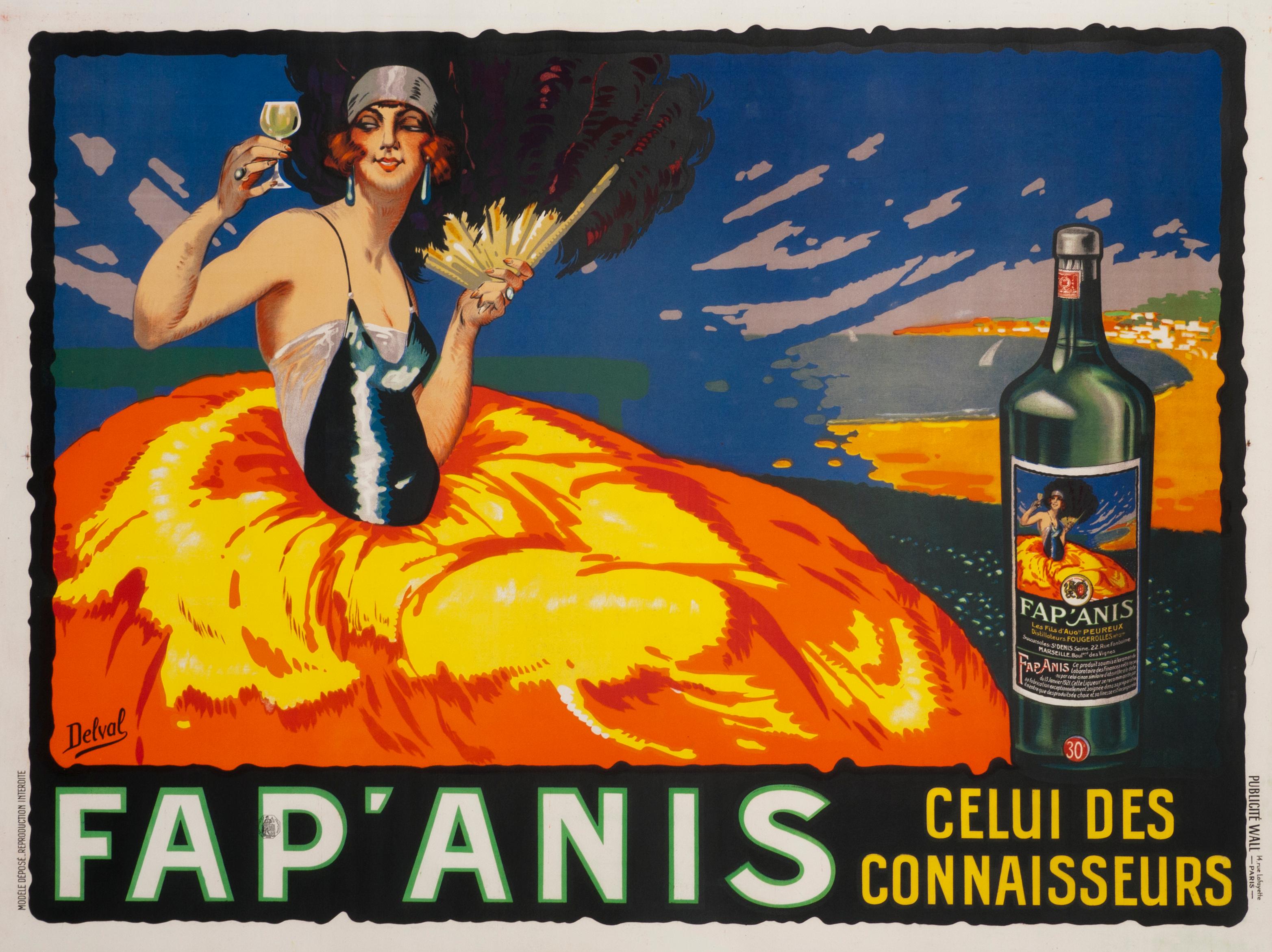 Delval Portrait Print - "Fap' Anis" French Aperitif Art Deco Flapper Original Vintage Poster