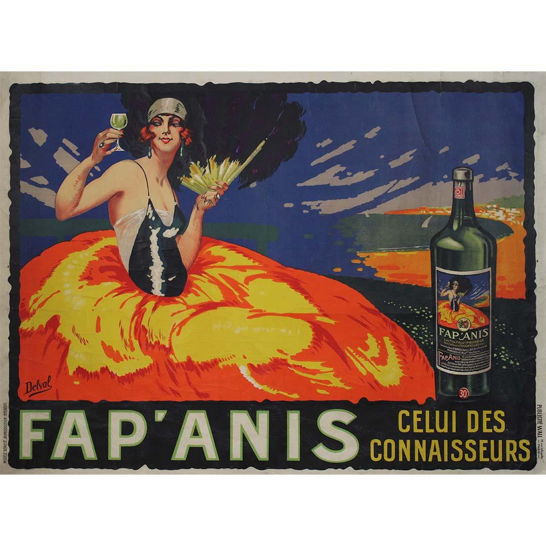 Das um 1920 von Delval gestaltete Originalplakat für Fap'anis Celui des connaisseurs ist ein Zeugnis für die Verlockungen der damaligen Zeit in Sachen Unterhaltung und Genuss. Delval, der für seine Fähigkeiten in der Plakatgestaltung bekannt ist,