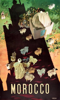 Affiche de voyage vintage d'origine pour le Maroc, Afrique, berger et mouton, motif d'ombre