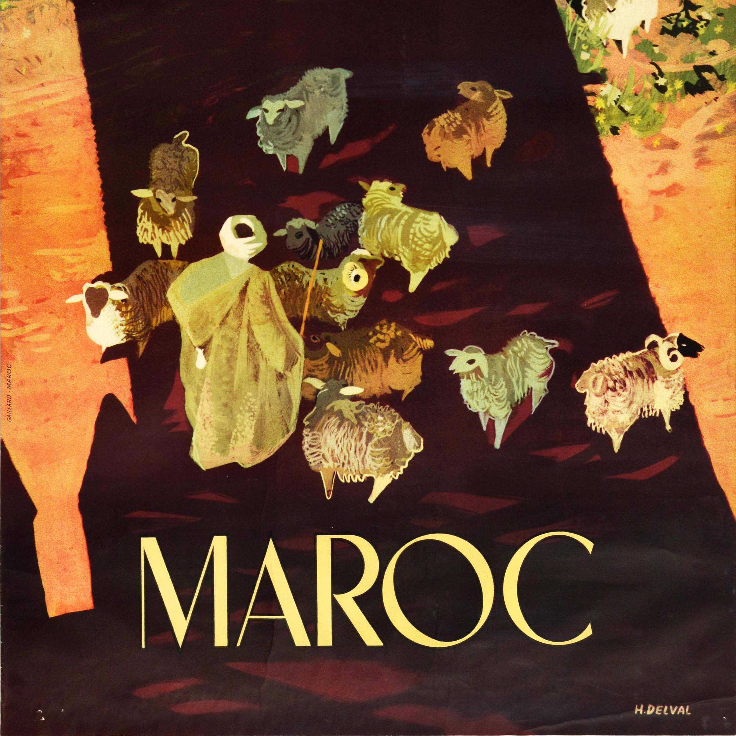 Original vintage travel poster for Morocco issued by the Moroccan Tourist Bureau Rabat featuring a great design of a shepherd with his flock of sheep next to grass on a lane by a small domed building, looking down from a tall building casting a
