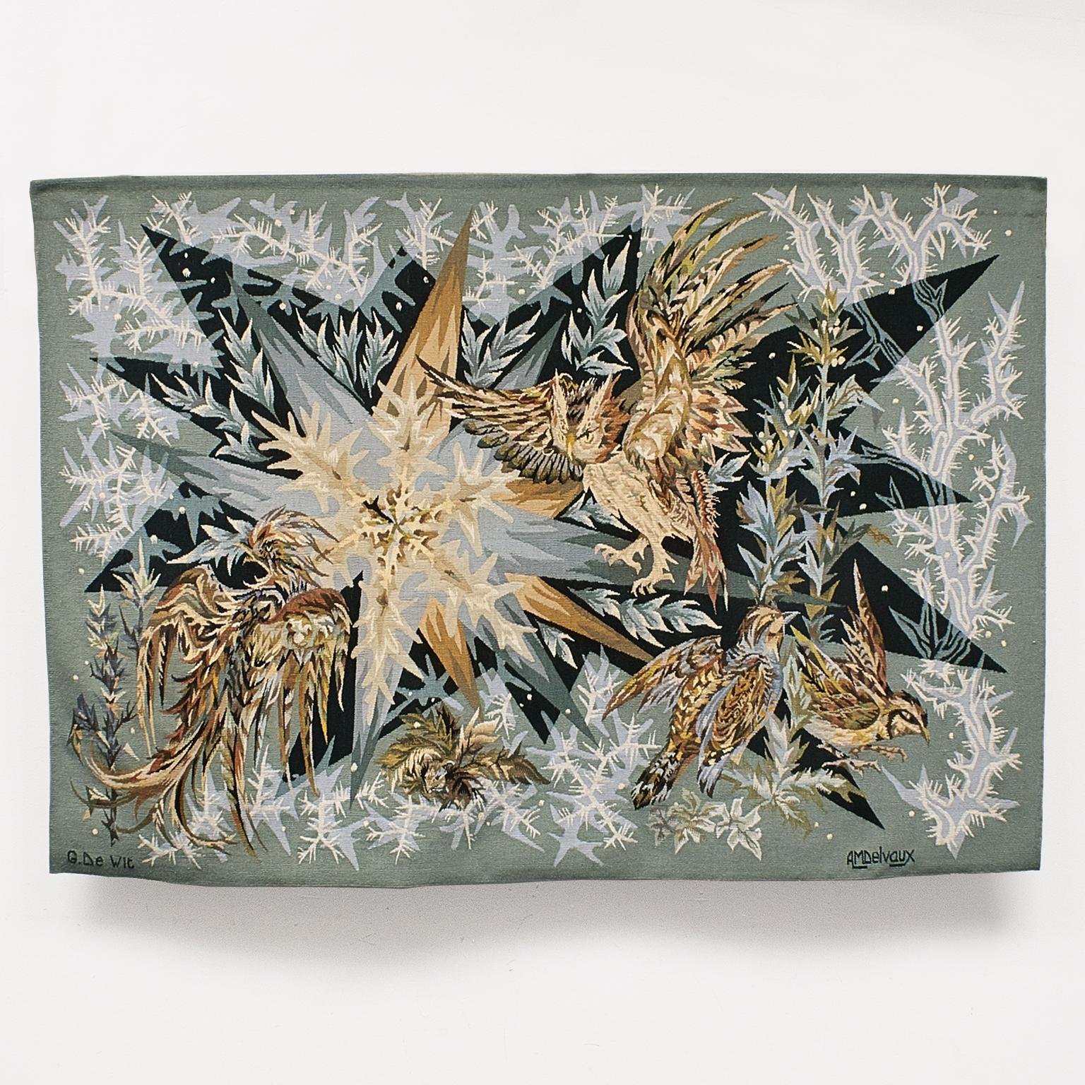 A 1950’s Belgium hand woven tapestry designed by Delvaux after artwork of Louis Dumont (Percenel). Made at one of Eruope’s most prestigious private tapestry works, Gaspard de Wit, in the Province of Antwerp. The partial abstract image is of a