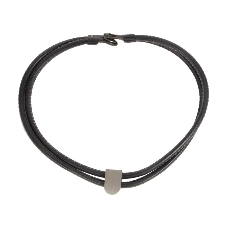 Delvaux Black Leather Silver D Necklace For Sale at 1stdibs