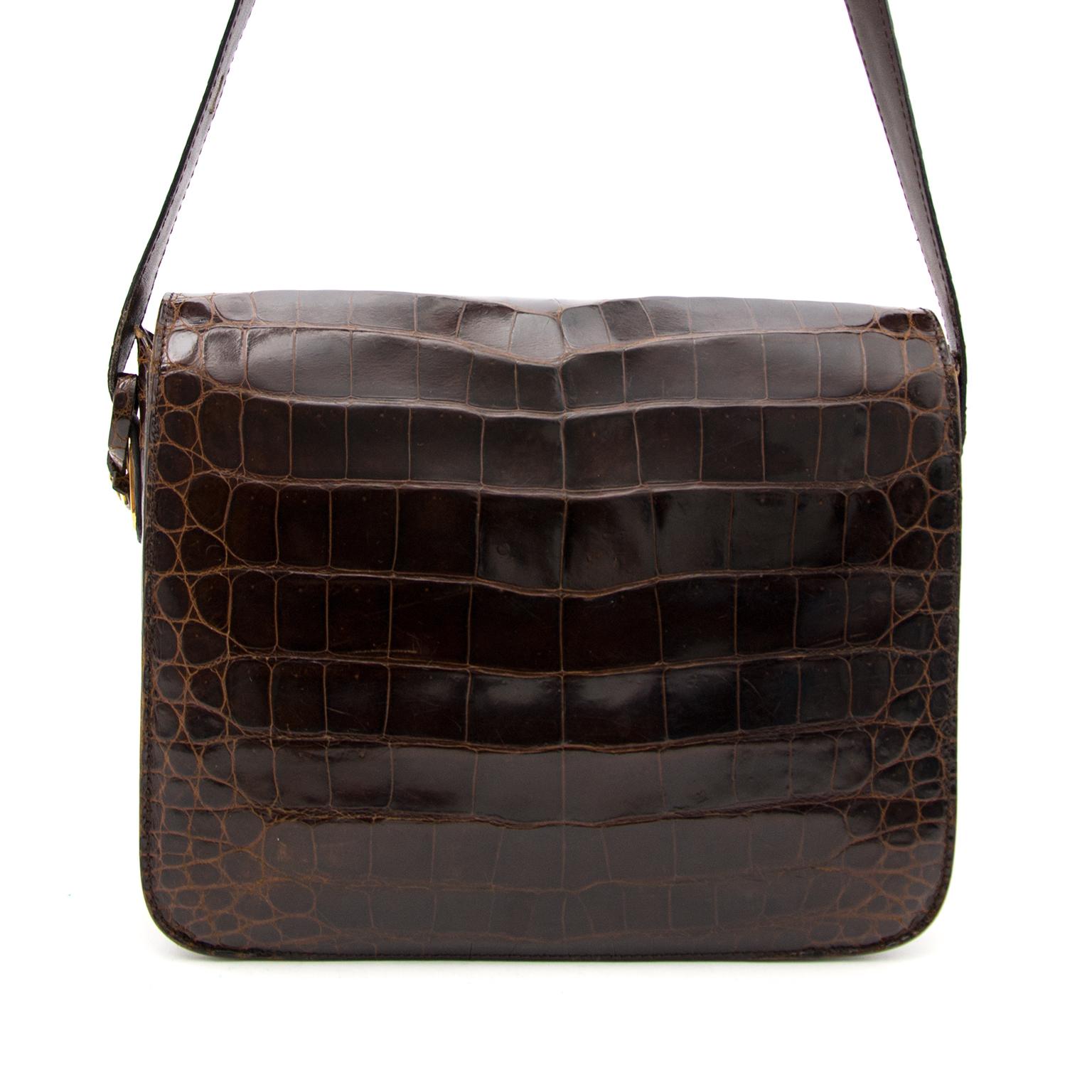 Delvaux Brown Croco Bourgogne Shoulder Bag In Good Condition In Antwerp, BE