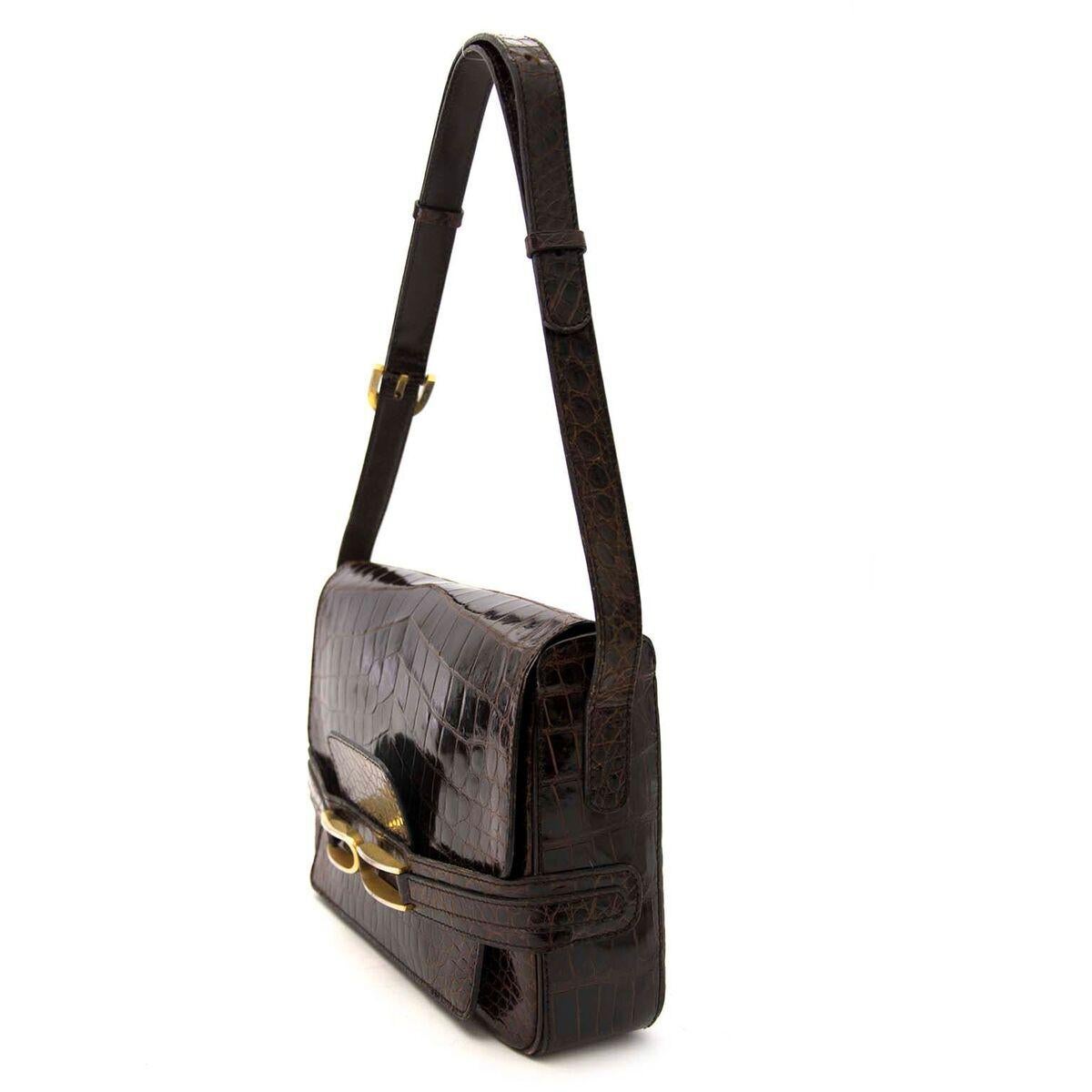 Black Delvaux Brown Croco Shoulder Bag
