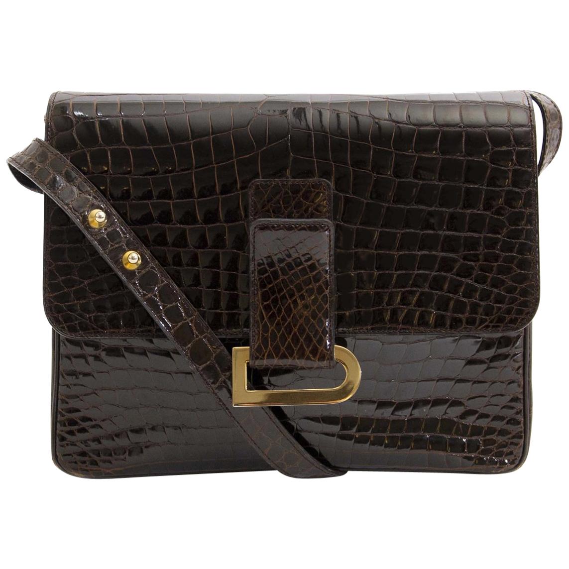 Delvaux Dark Brown Croco Passerelle Shoulder Bag