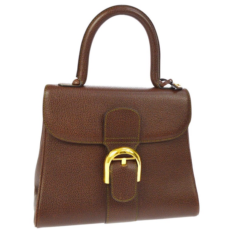 Delvaux Dark Brown Leather Gold Buckle Top Handle Satchel Kelly Style ...