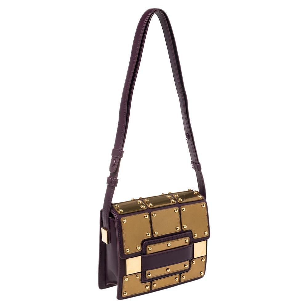 Delvaux Gold/Purple Leather Iron Shield Mini Madame Crossbody Bag In Excellent Condition In Dubai, Al Qouz 2