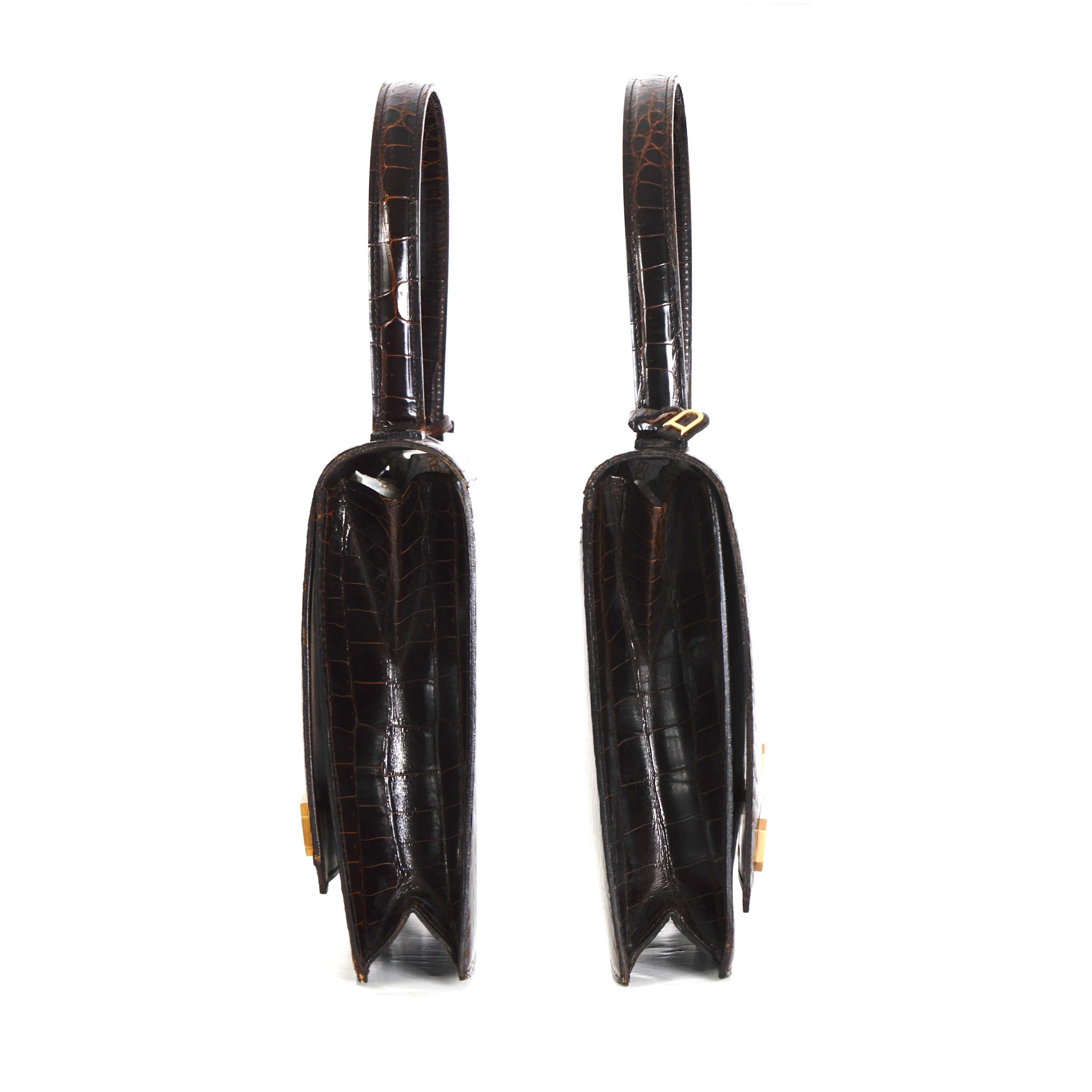 Black Delvaux investment piece vintage 1980s brown croc leather top handle bag  For Sale