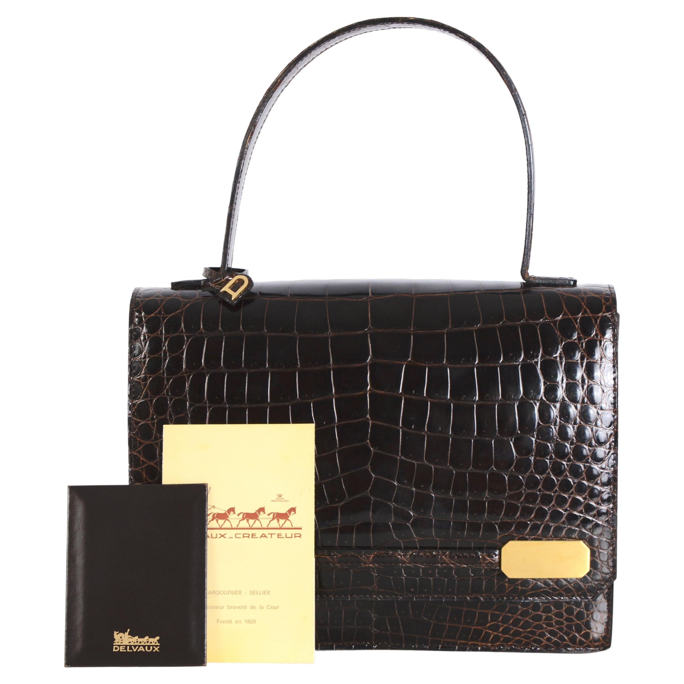 Delvaux investment piece vintage 1980s brown croc leather top handle bag  For Sale