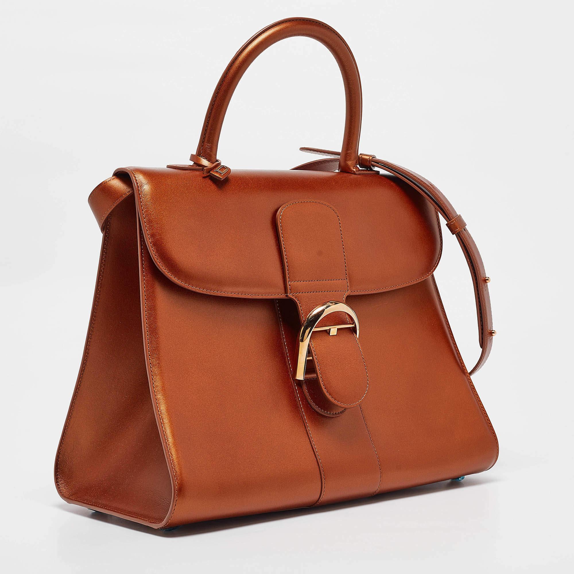 Marron Delvaux - Sac à main en cuir Brillant Sellier GM - Bronze métallisé