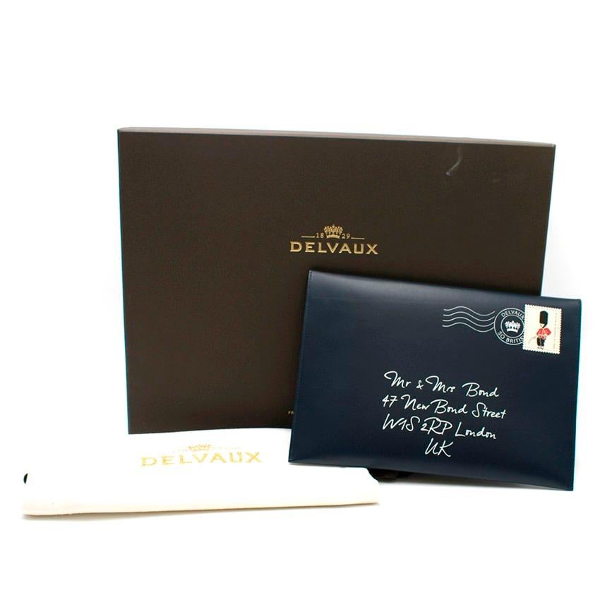 Delvaux Navy Envelope Clutch

-Navy envelope clutch with address
-'Mr & Mrs Bond'
-Popper closure
-'A gift for me' embossed on the back
-Features postage stamp detailing

Please note, these items are pre-owned and may show signs of being stored even