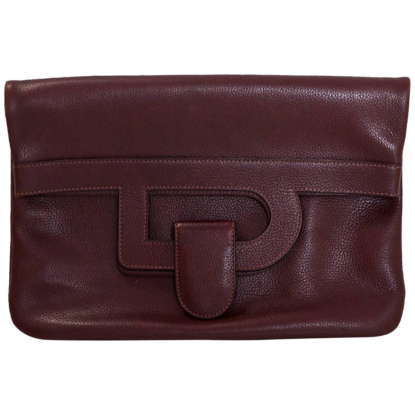Delvaux Oxblood Leather Fold-Over Clutch Bag