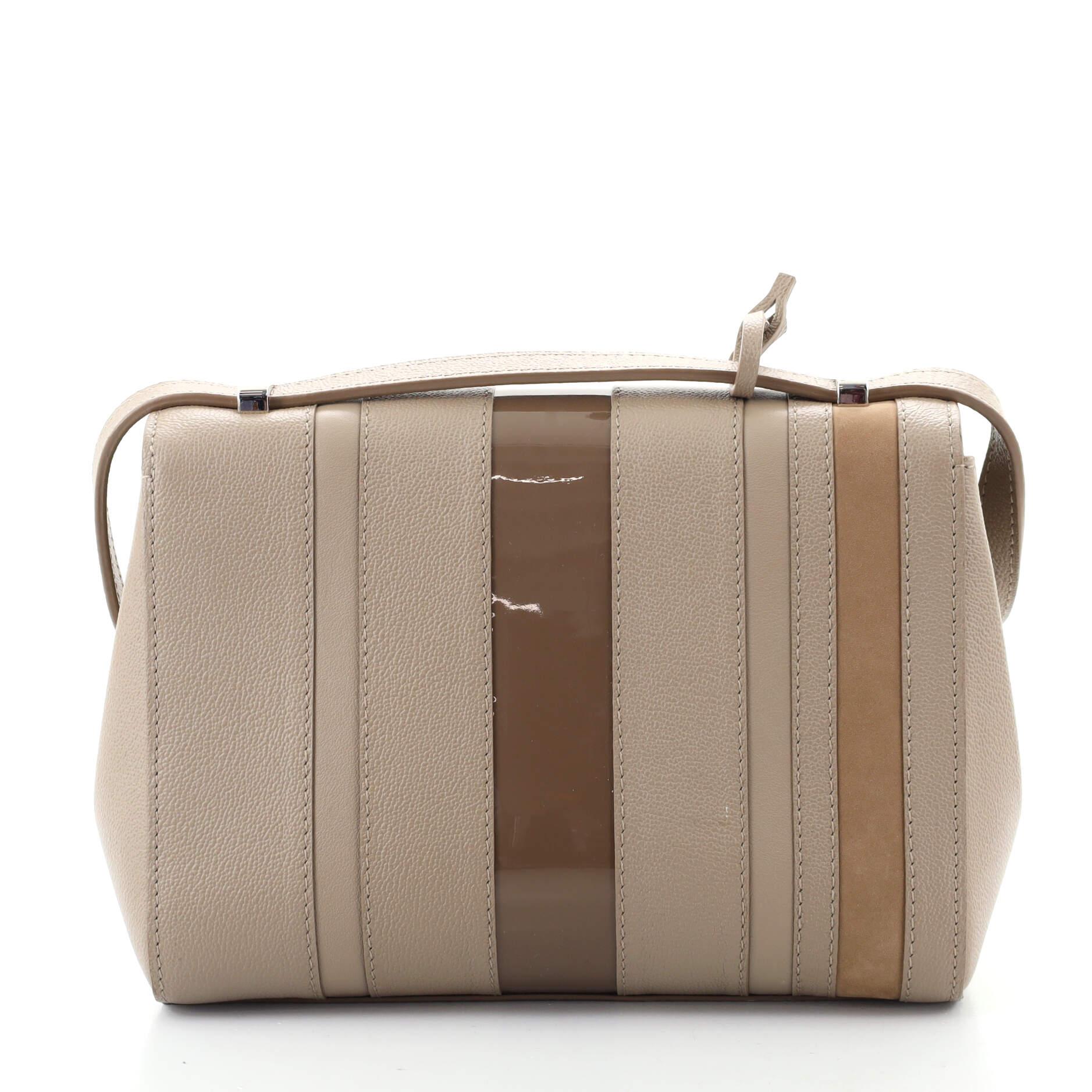 Delvaux Simplissime City Umhängetasche aus gestreiftem Leder mit Lack und Wildleder PM (Braun)