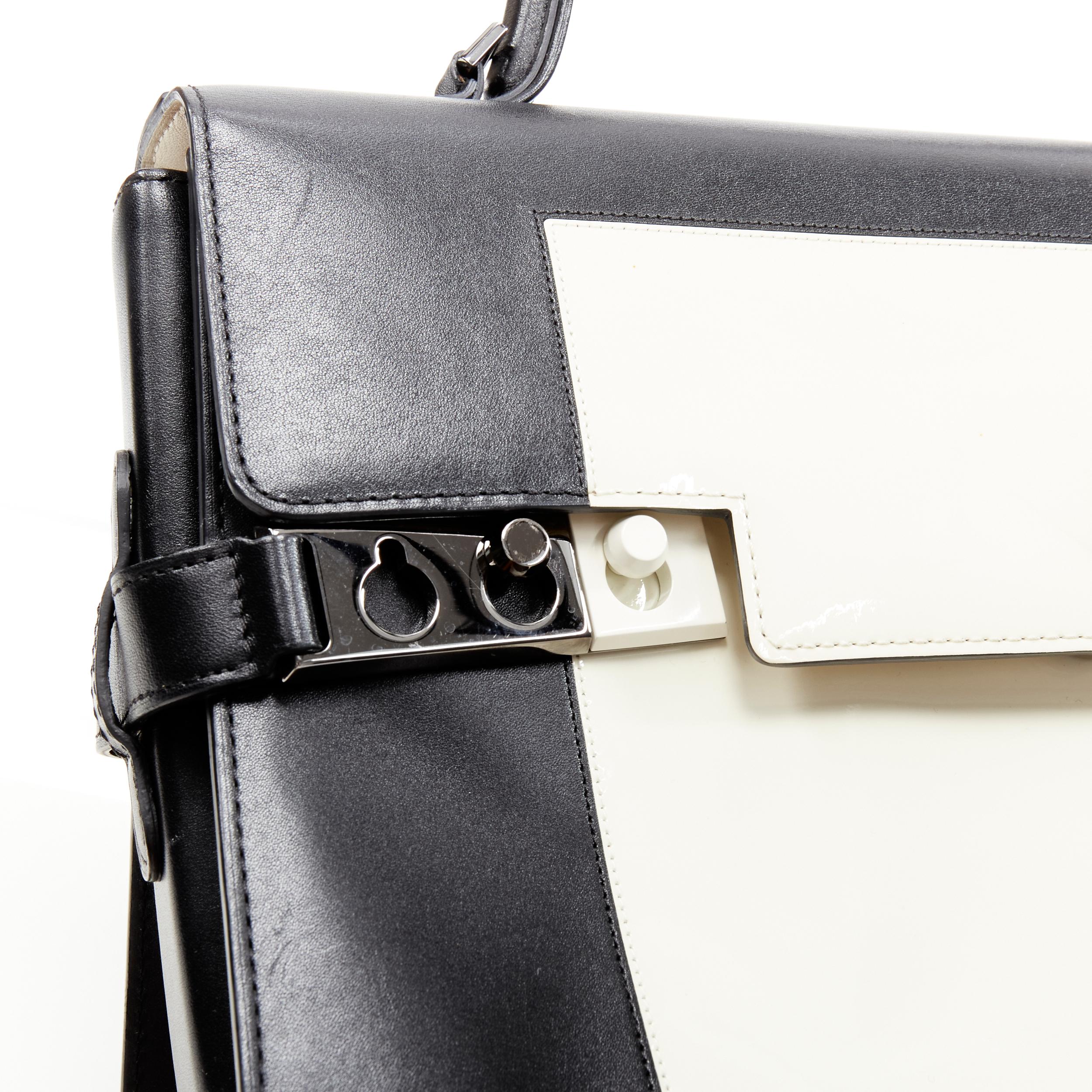 DELVAUX Tempete MM black leather white patent bicolor flap satchenl shoulder bag In Good Condition In Hong Kong, NT