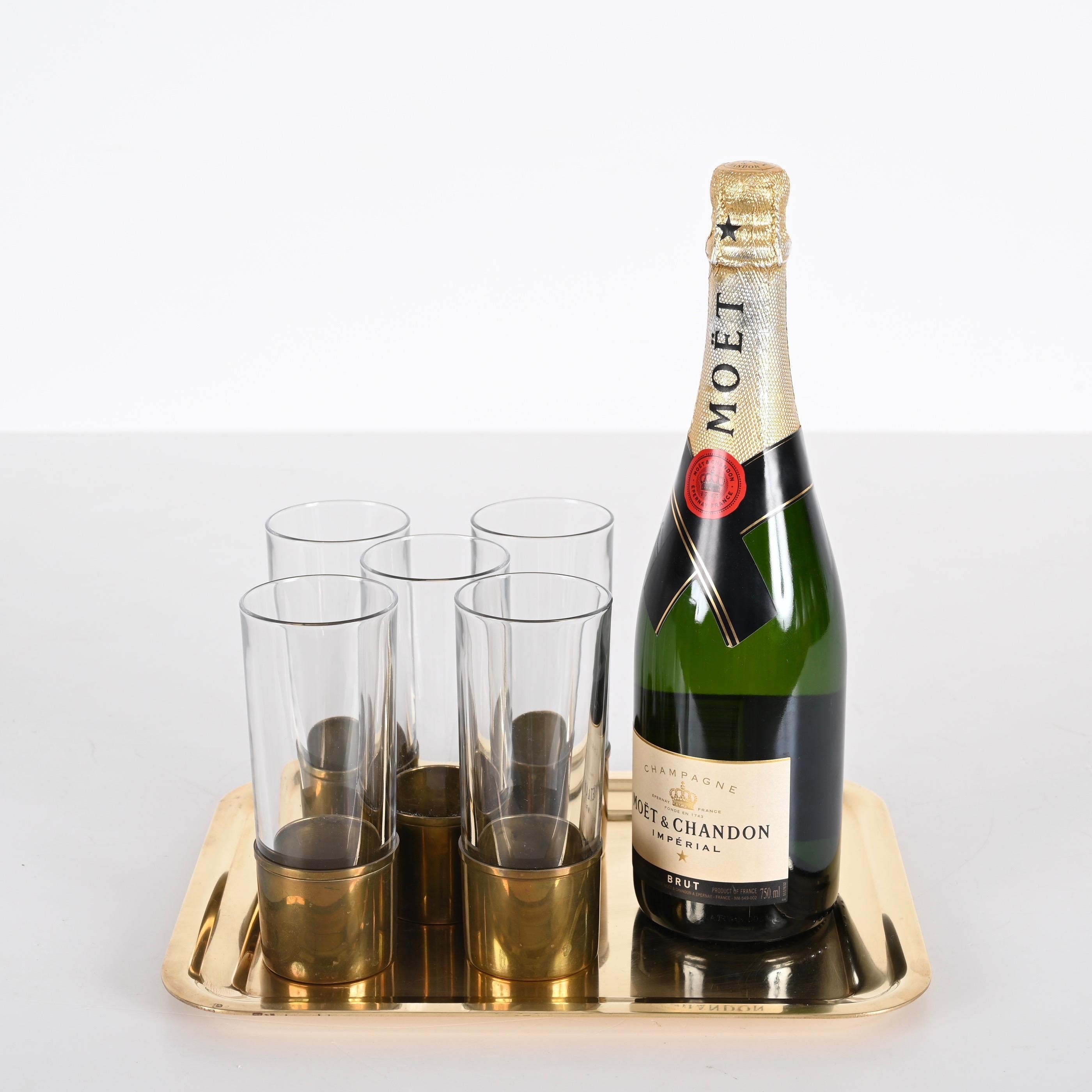 Delvè MidCentury Italian Brass and Glass Set of Glasses and Tray for Delfi 1970s For Sale 10