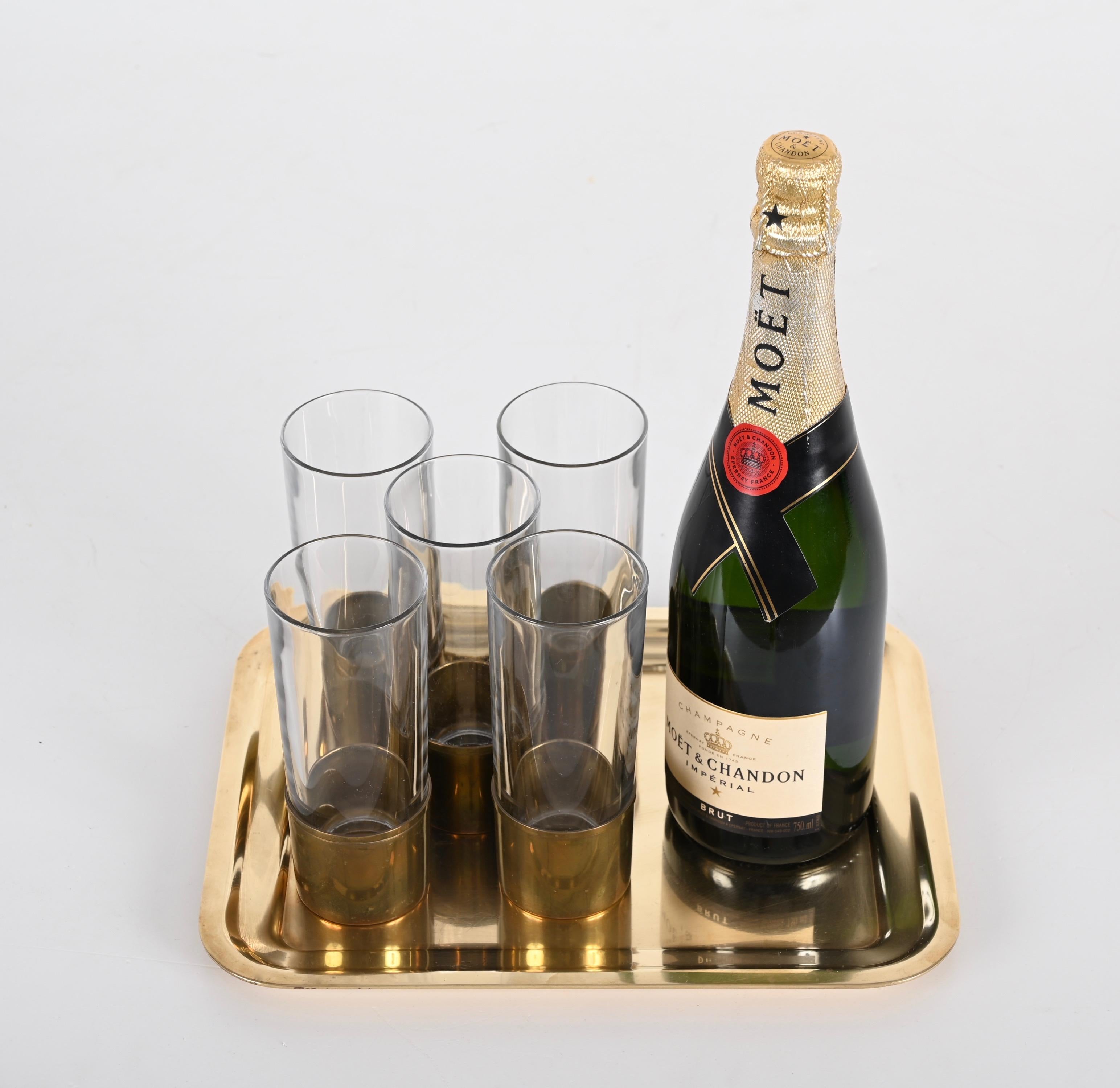 Delvè MidCentury Italian Brass and Glass Set of Glasses and Tray for Delfi 1970s For Sale 11
