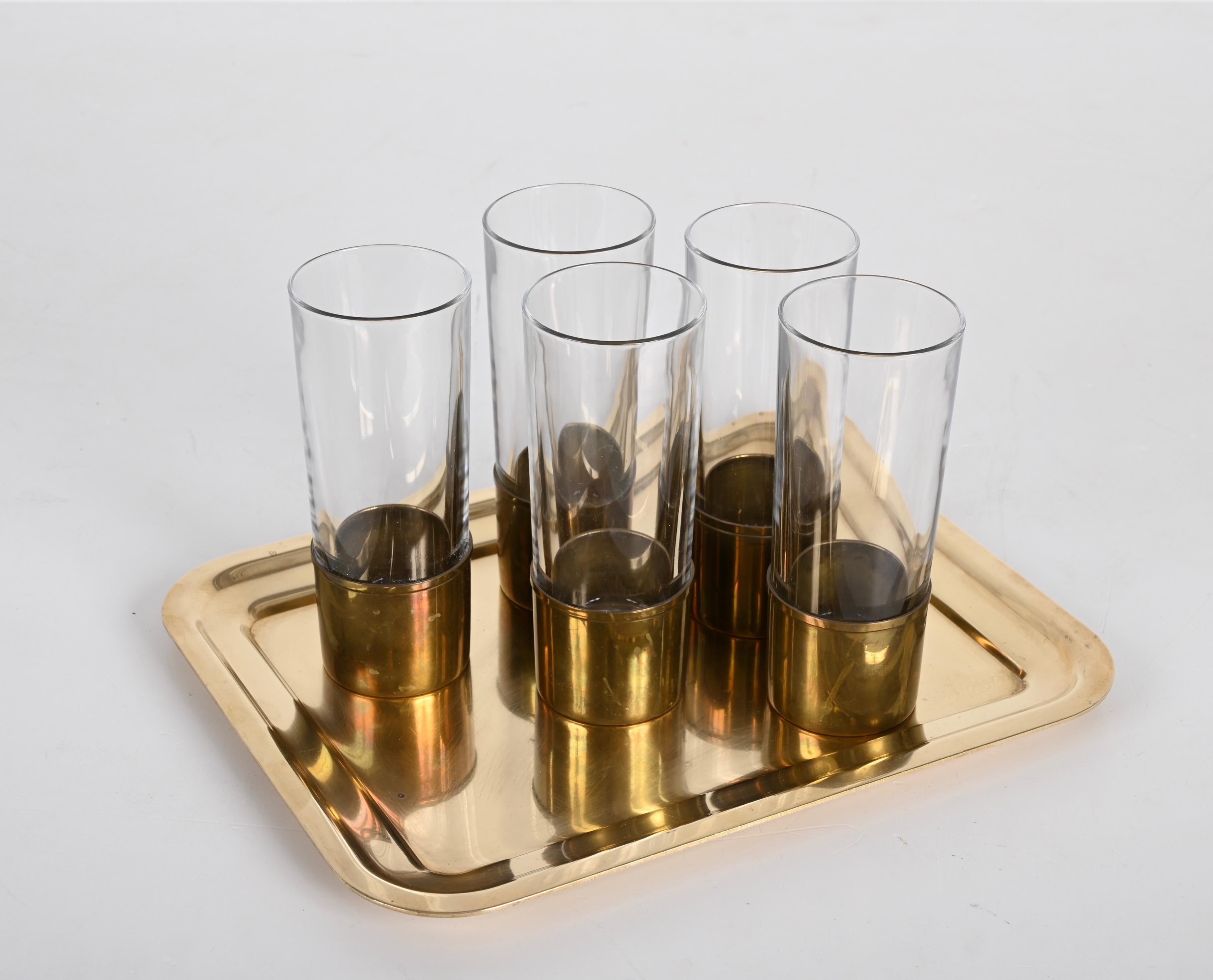 Mid-Century Modern Delvè MidCentury Italian Brass and Glass Set of Glasses and Tray for Delfi 1970s For Sale